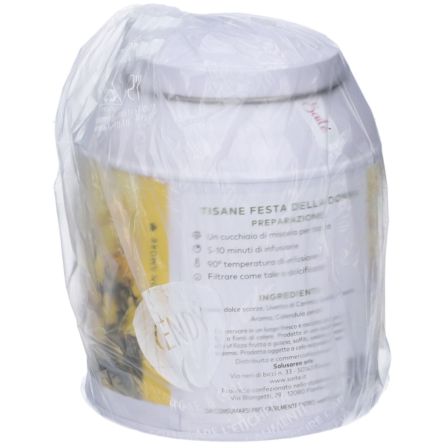 Retro della scatola bianca Saite Tisana Festa Della Donna con istruzioni per la preparazione.