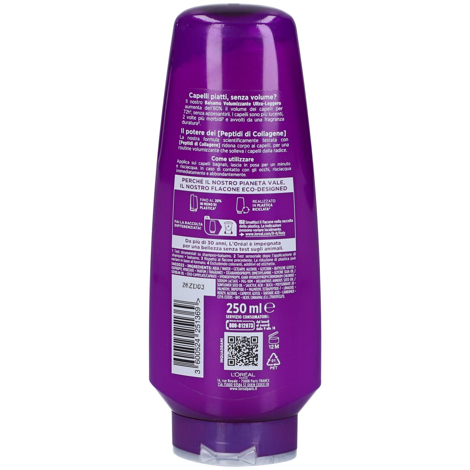 Flacone viola da 250 ml di shampoo volumizzante. Contiene peptidi di collagene.