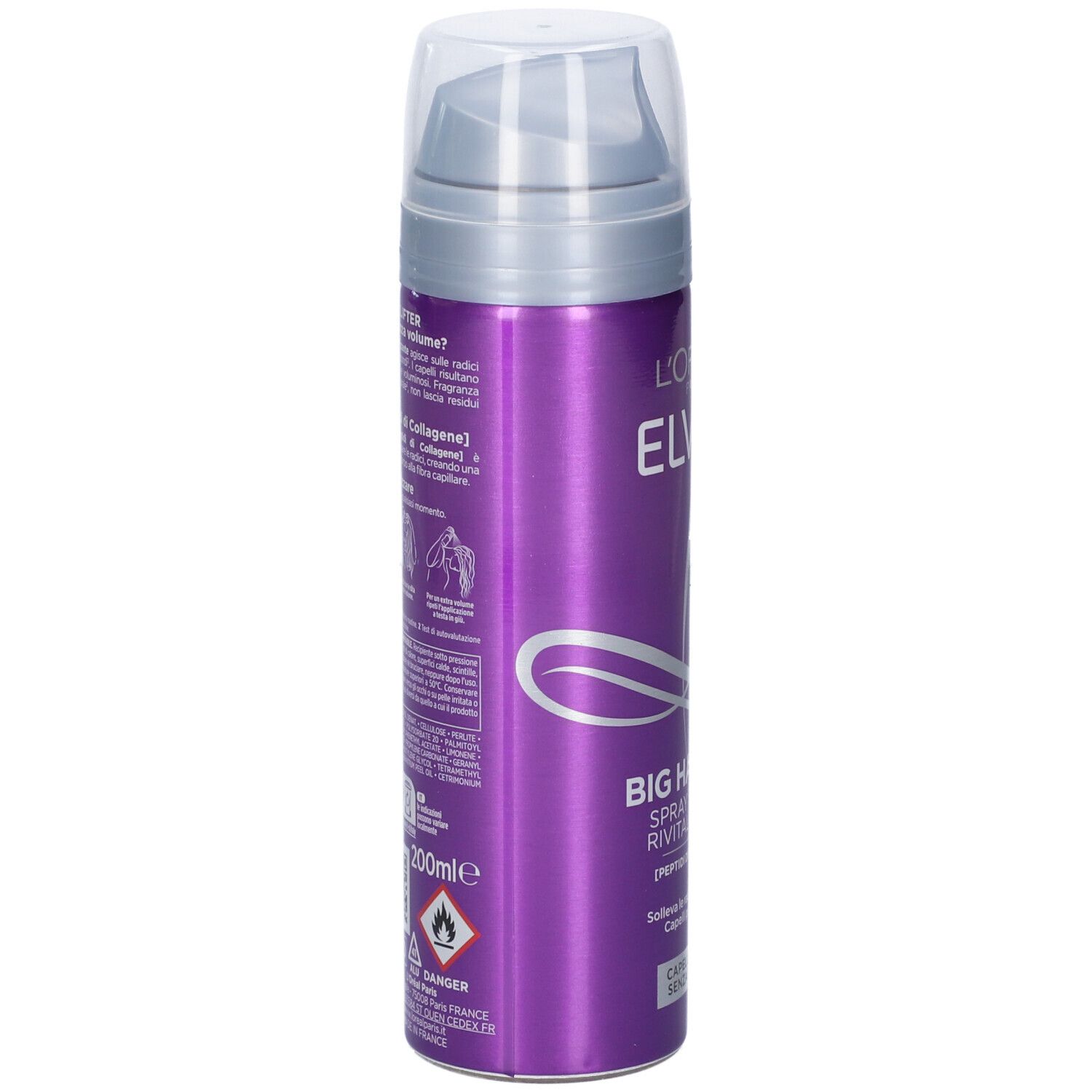 Spray L'Oréal Elvive, bomboletta lilla con erogatore. Retro con testo e simboli. Scritta: Big Hair Day, Revitalizzante.