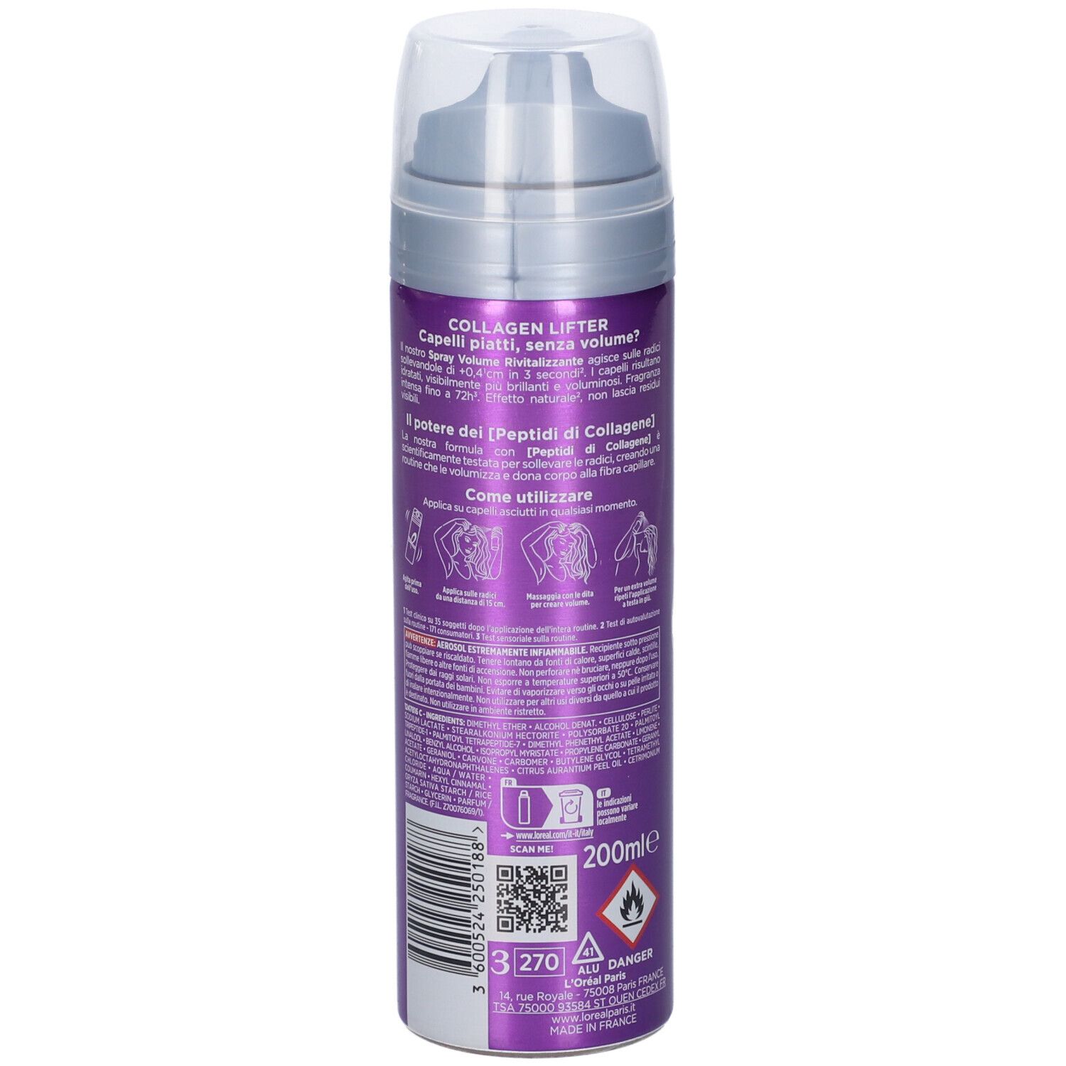 Spray L'Oréal Elvive, bomboletta lilla con erogatore. Retro con testo e simboli. Scritta: Collagen Lifter, 200ml.
