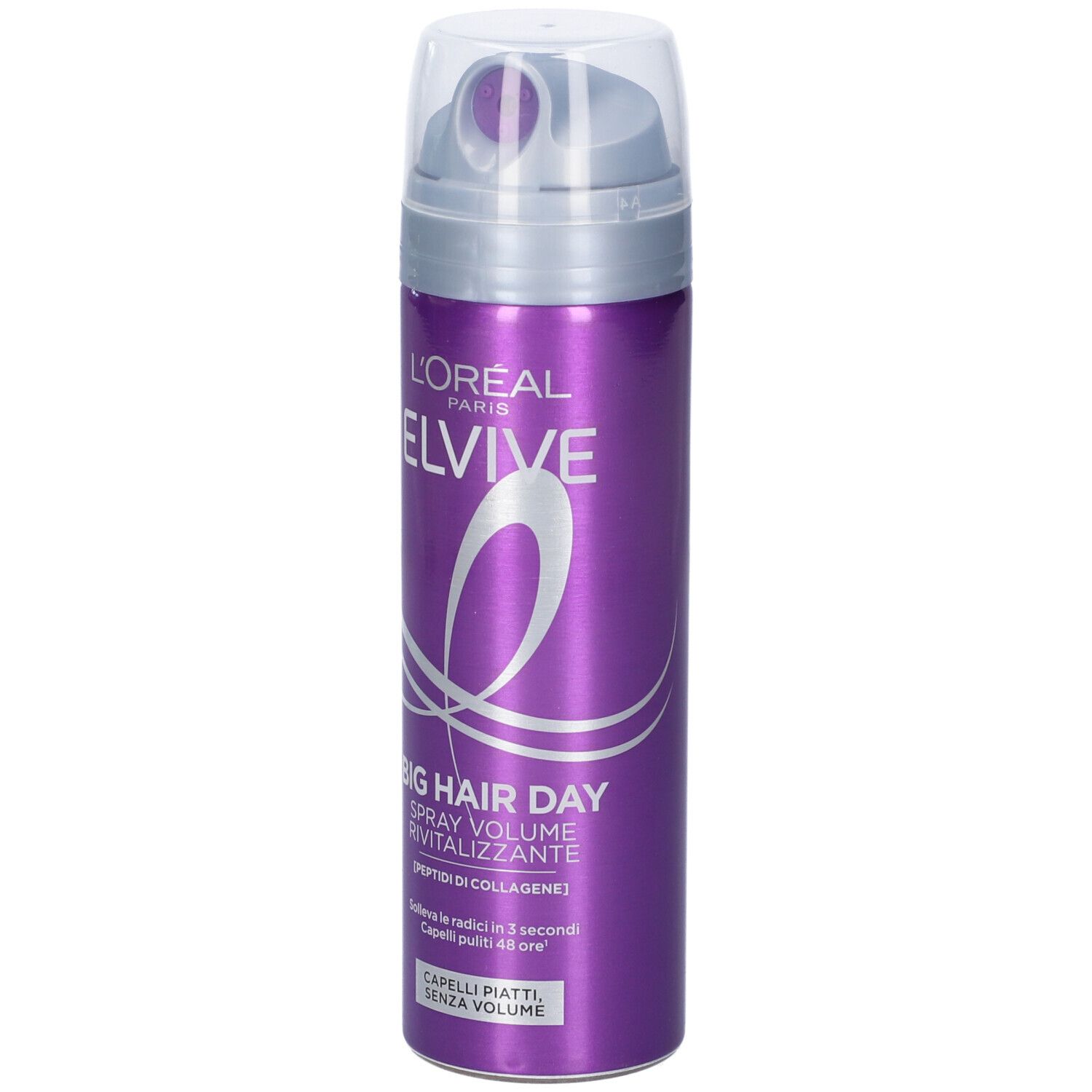 Spray L'Oréal Elvive, bomboletta lilla con erogatore. Scritta Elvive, Big Hair Day. Scritta: Spray Volume, Revitalizzante.