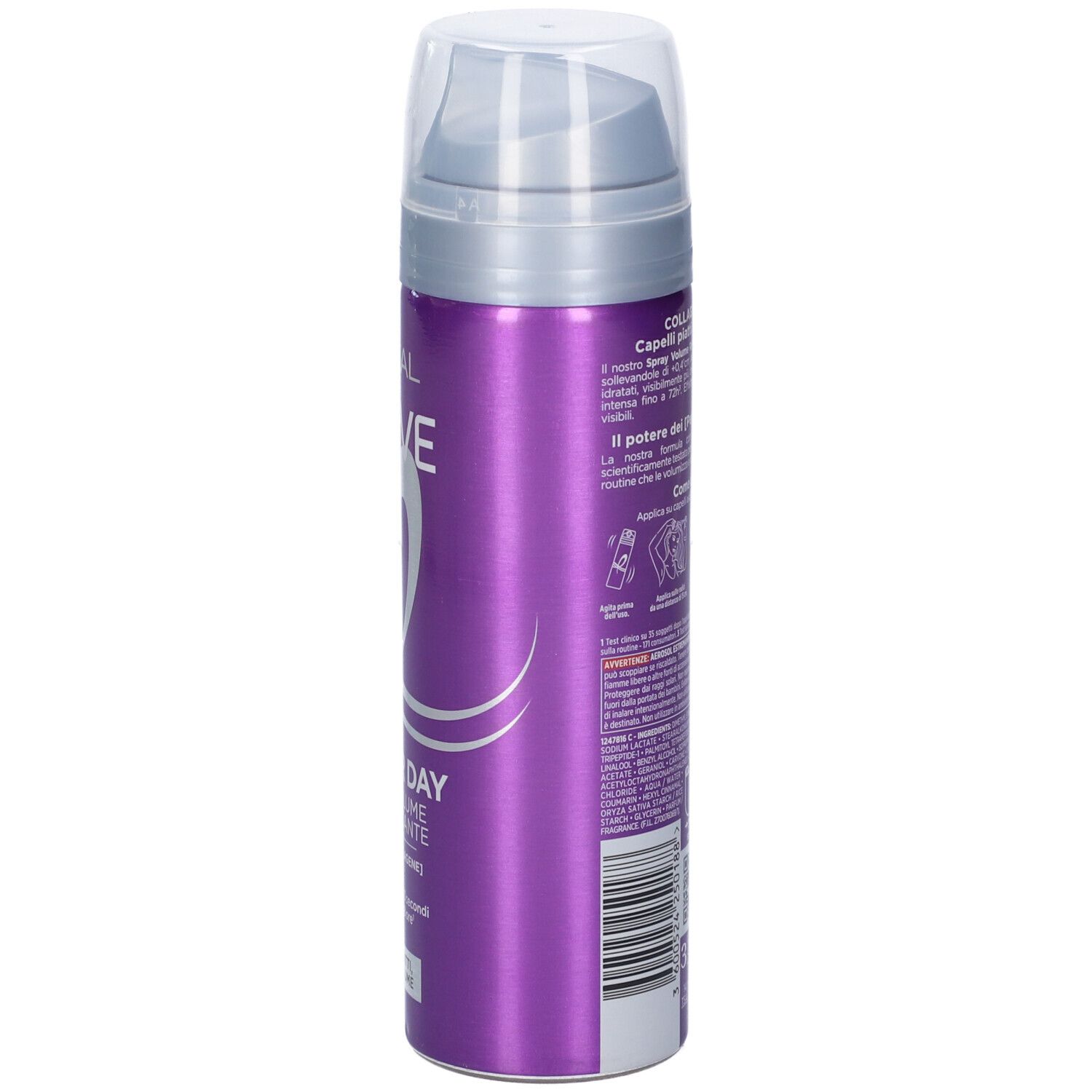 Spray L'Oréal Elvive, bomboletta lilla con erogatore. Lato con testo. Scritta: Big Hair Day, Revitalizzante.