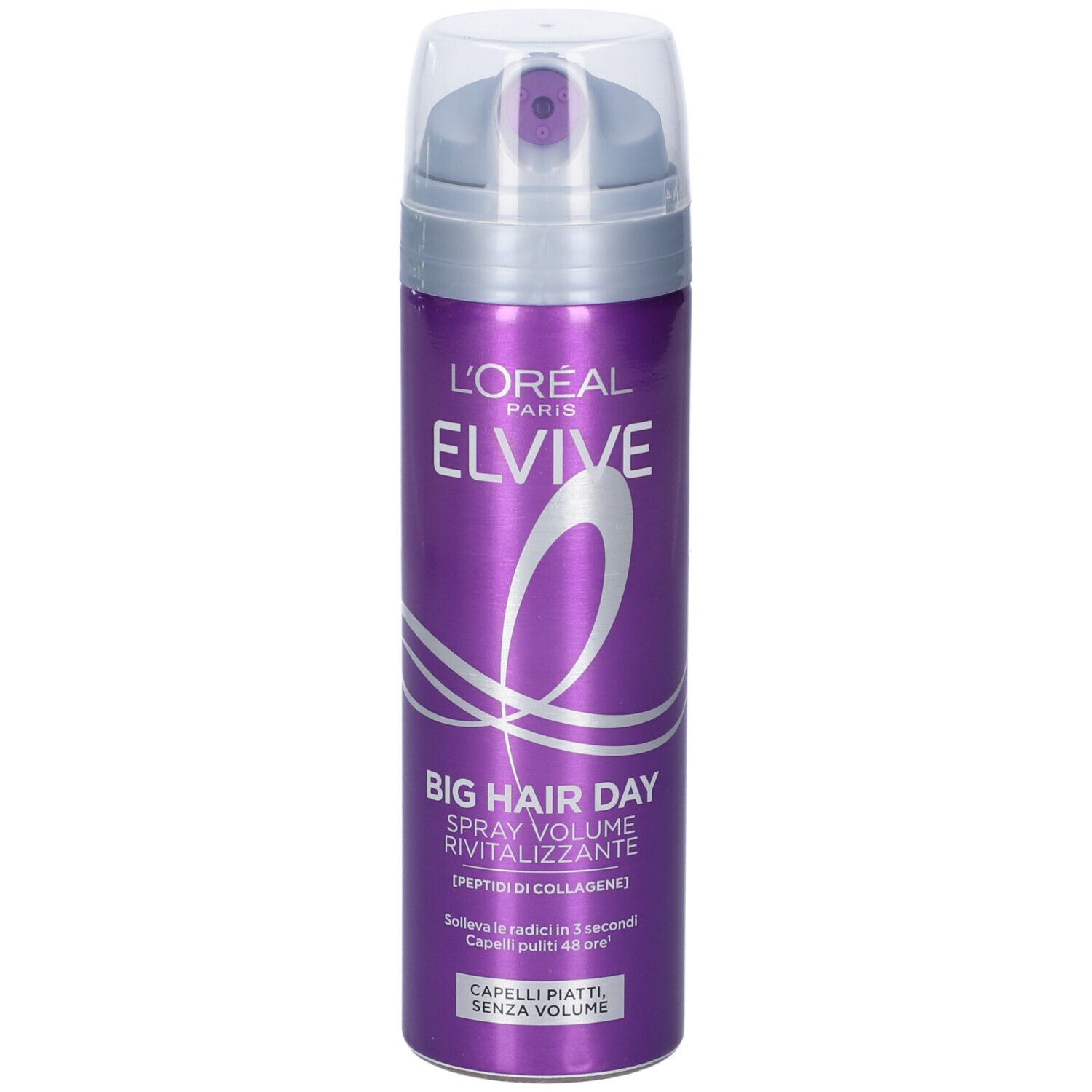 Spray L'Oréal Elvive, bomboletta lilla con erogatore. Scritta Elvive, Big Hair Day. Scritta: Spray Volume, Revitalizzante.