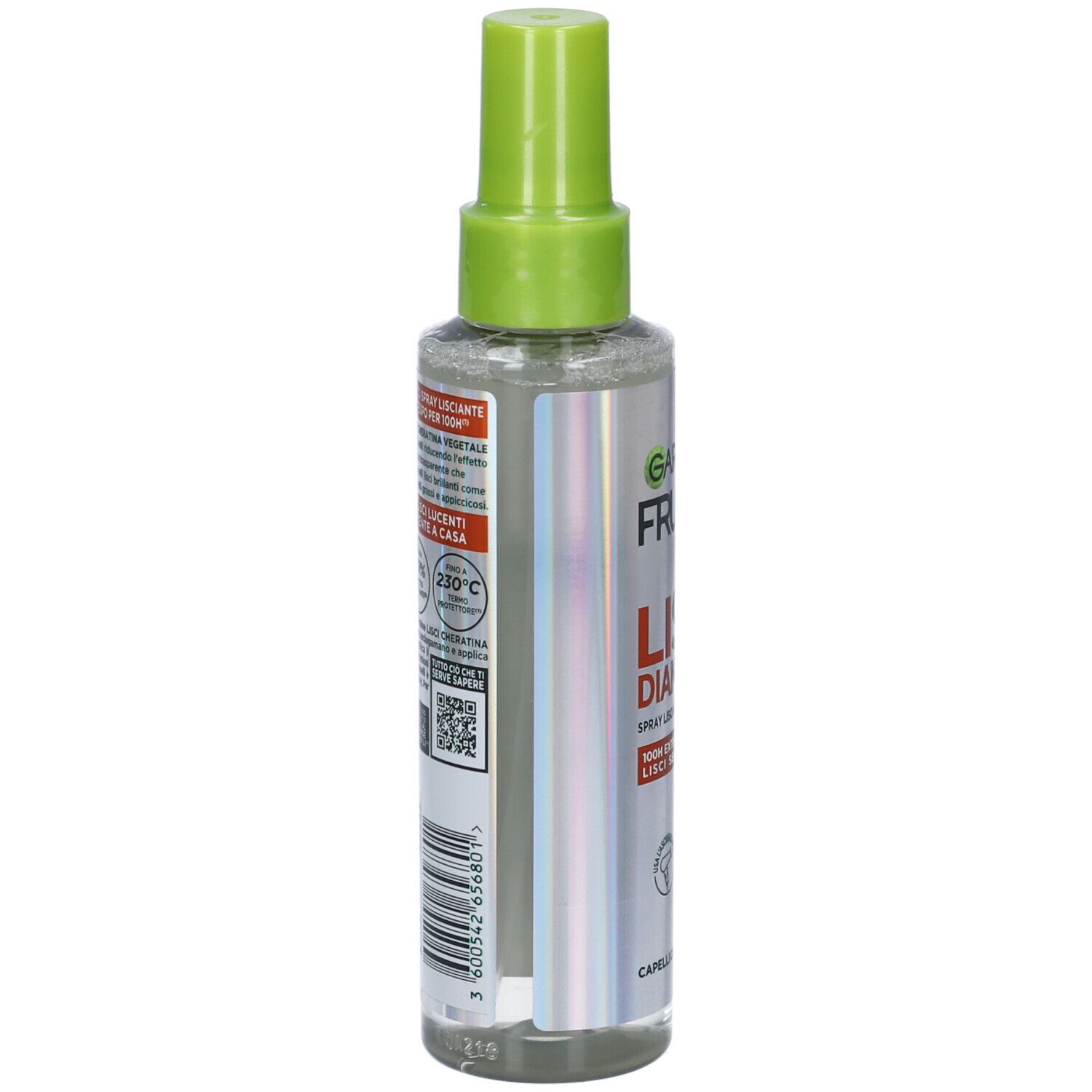 Retro del flacone spray per capelli. Testo e codice QR. Erogatore verde. Nome del prodotto non visibile.