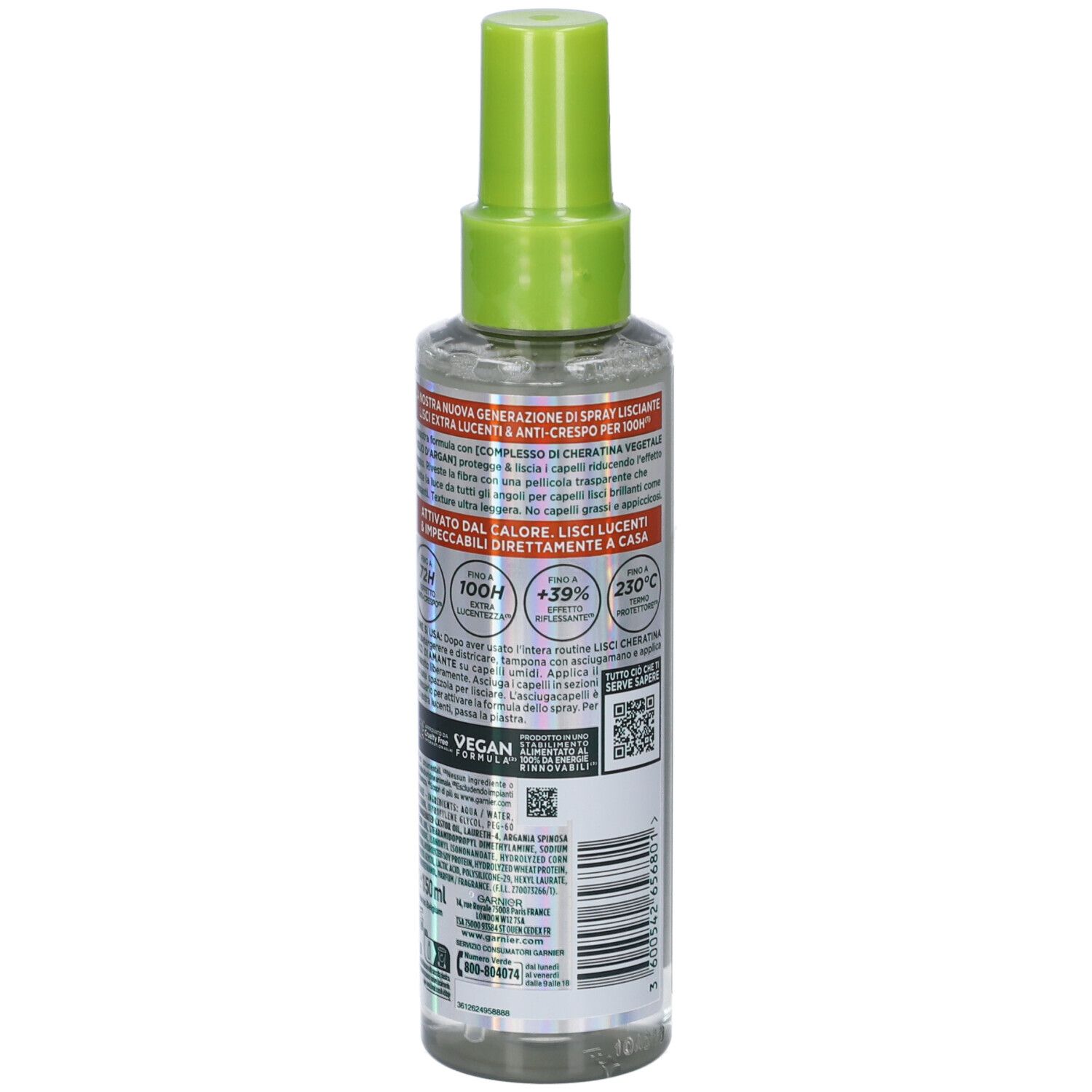 Retro del flacone spray per capelli. Testo, codice QR e loghi. Erogatore verde. Nome del prodotto non visibile.