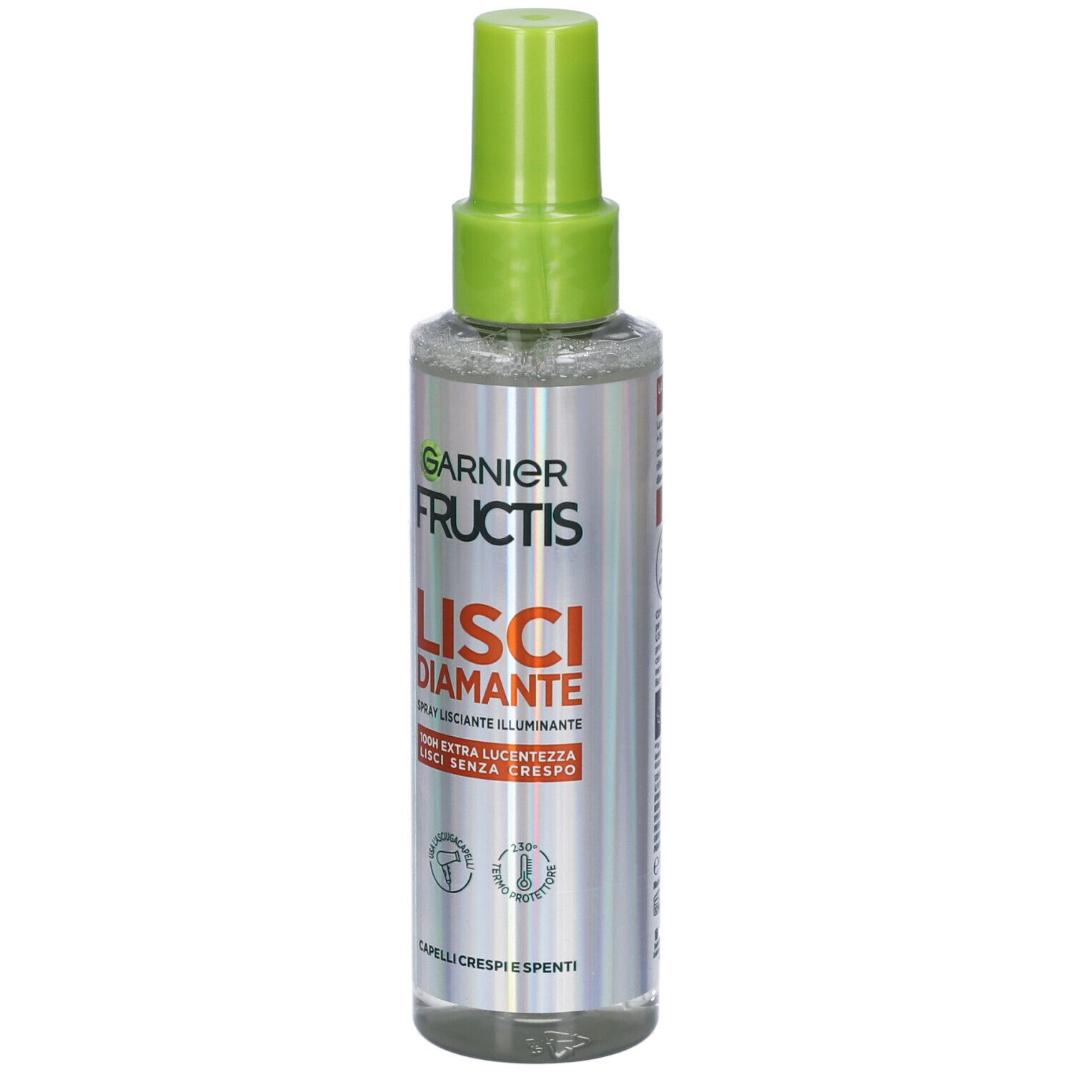 Flacone spray per capelli con erogatore verde. Scritta: Garnier Fructis Lisci Diamante. Per capelli lisci e lucenti.