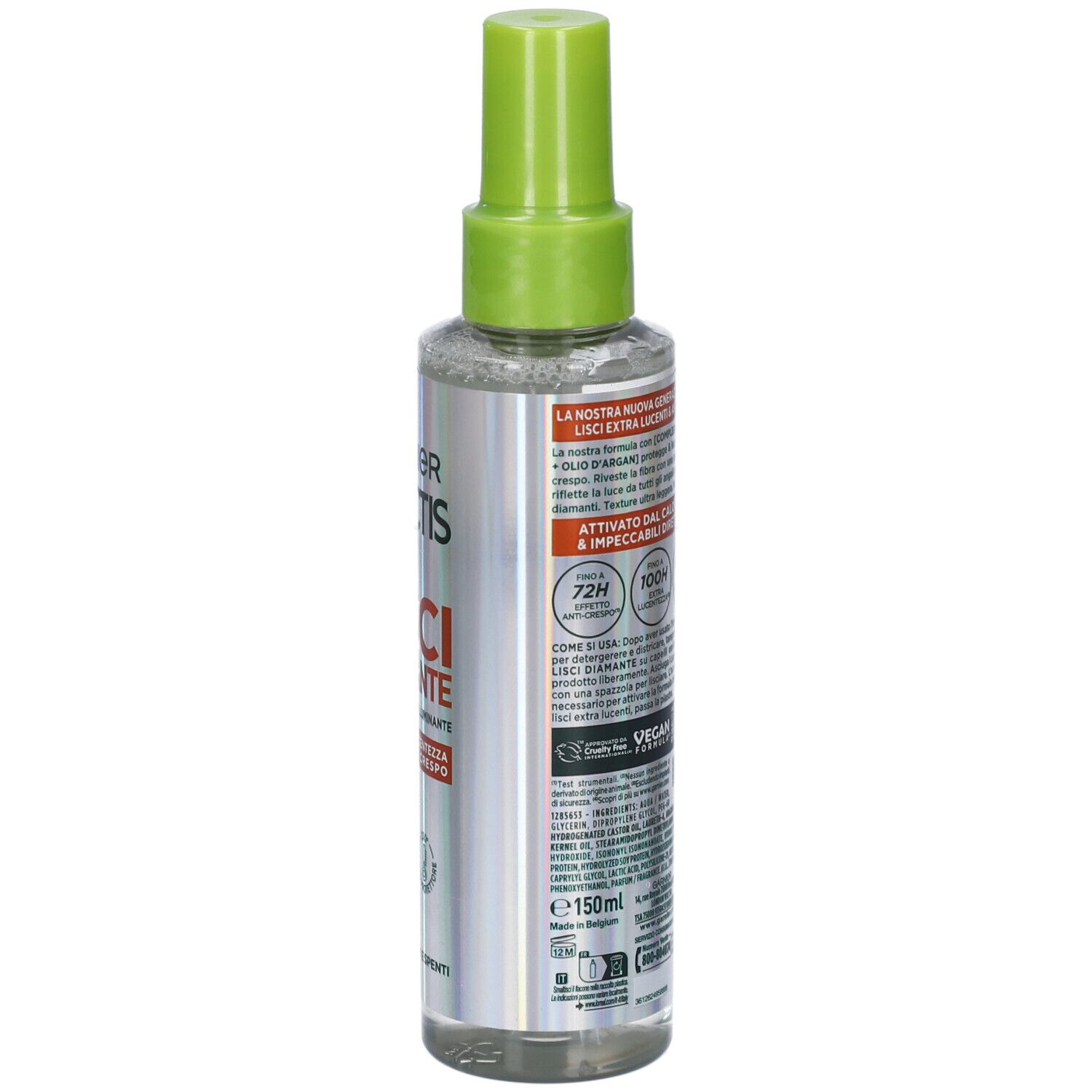Retro del flacone spray per capelli. Testo, loghi e indicazione del volume. Erogatore verde. Nome del prodotto non visibile.