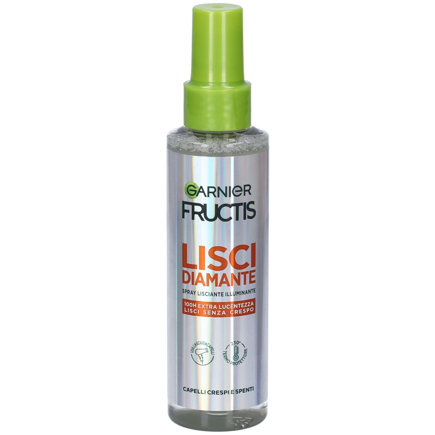 Flacone spray per capelli con erogatore verde. Scritta: Garnier Fructis Lisci Diamante. Per capelli lisci e lucenti.