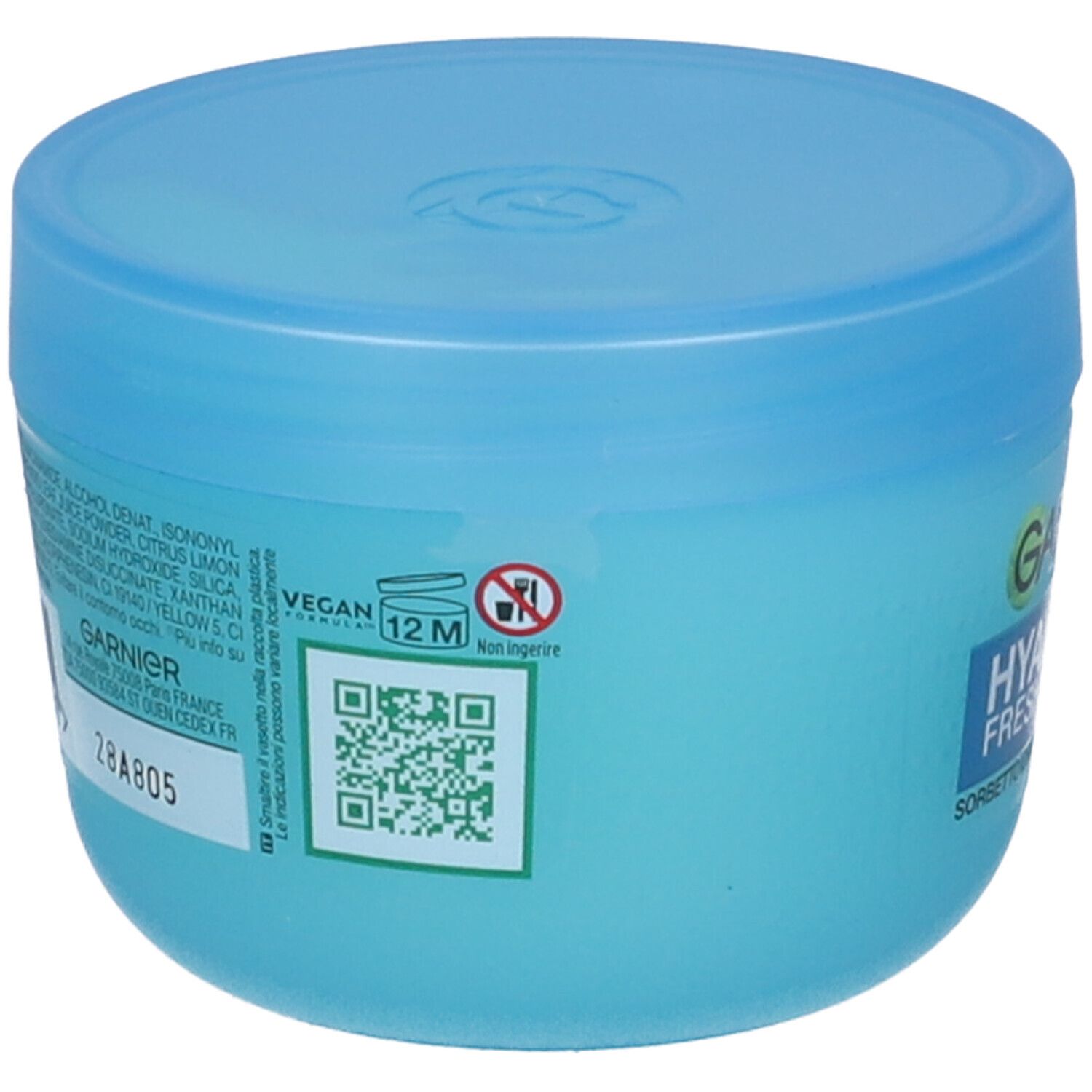 Retro del barattolo Garnier Hyaluron Fresh & Plump Crema Sorbetto Idratante Rimpolpante.