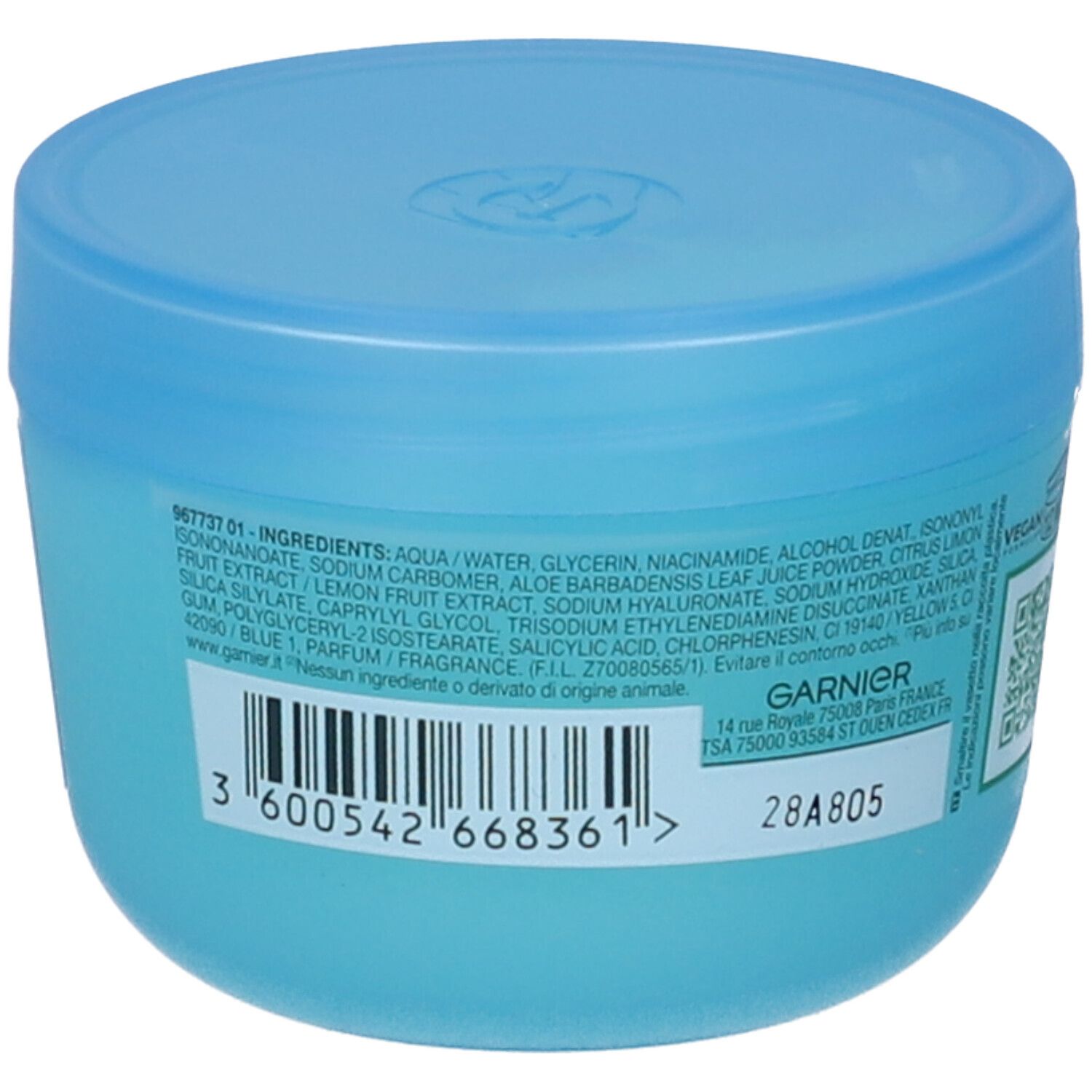 Retro del barattolo Garnier Hyaluron Fresh & Plump Crema Sorbetto Idratante Rimpolpante.