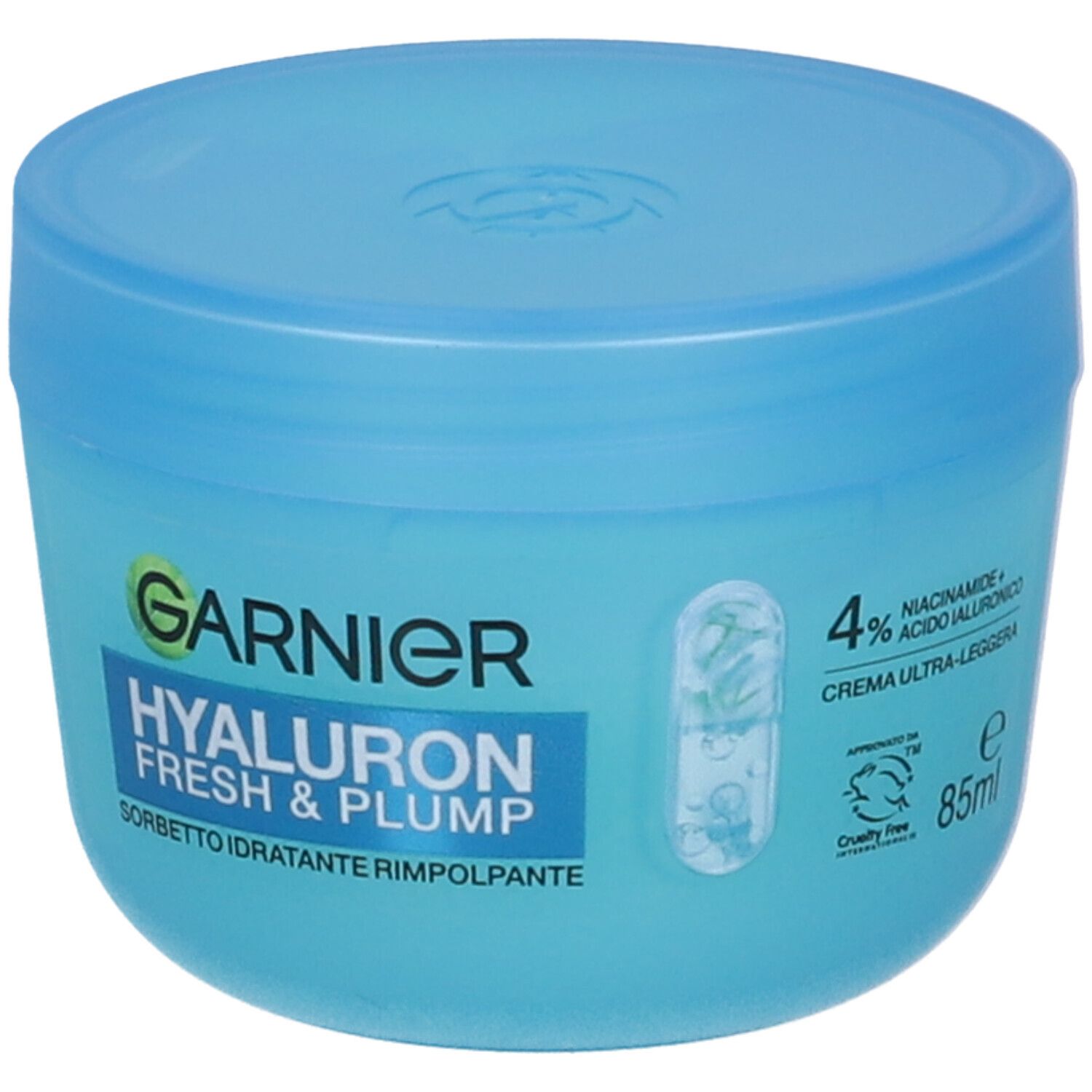 Garnier Hyaluron Fresh & Plump Crema Sorbetto Idratante Rimpolpante, 85ml, barattolo blu.
