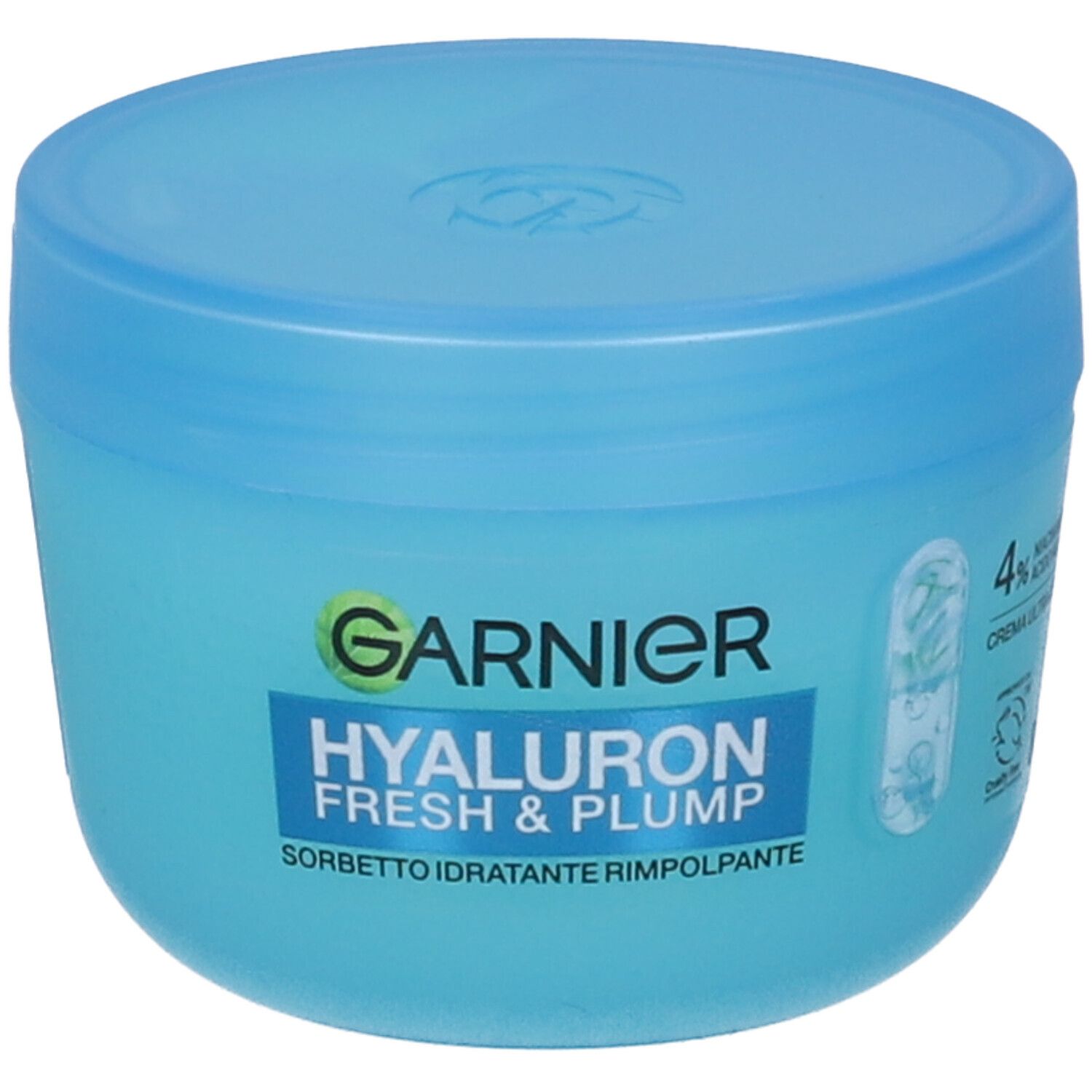 Garnier Hyaluron Fresh & Plump Crema Sorbetto Idratante Rimpolpante, barattolo blu.