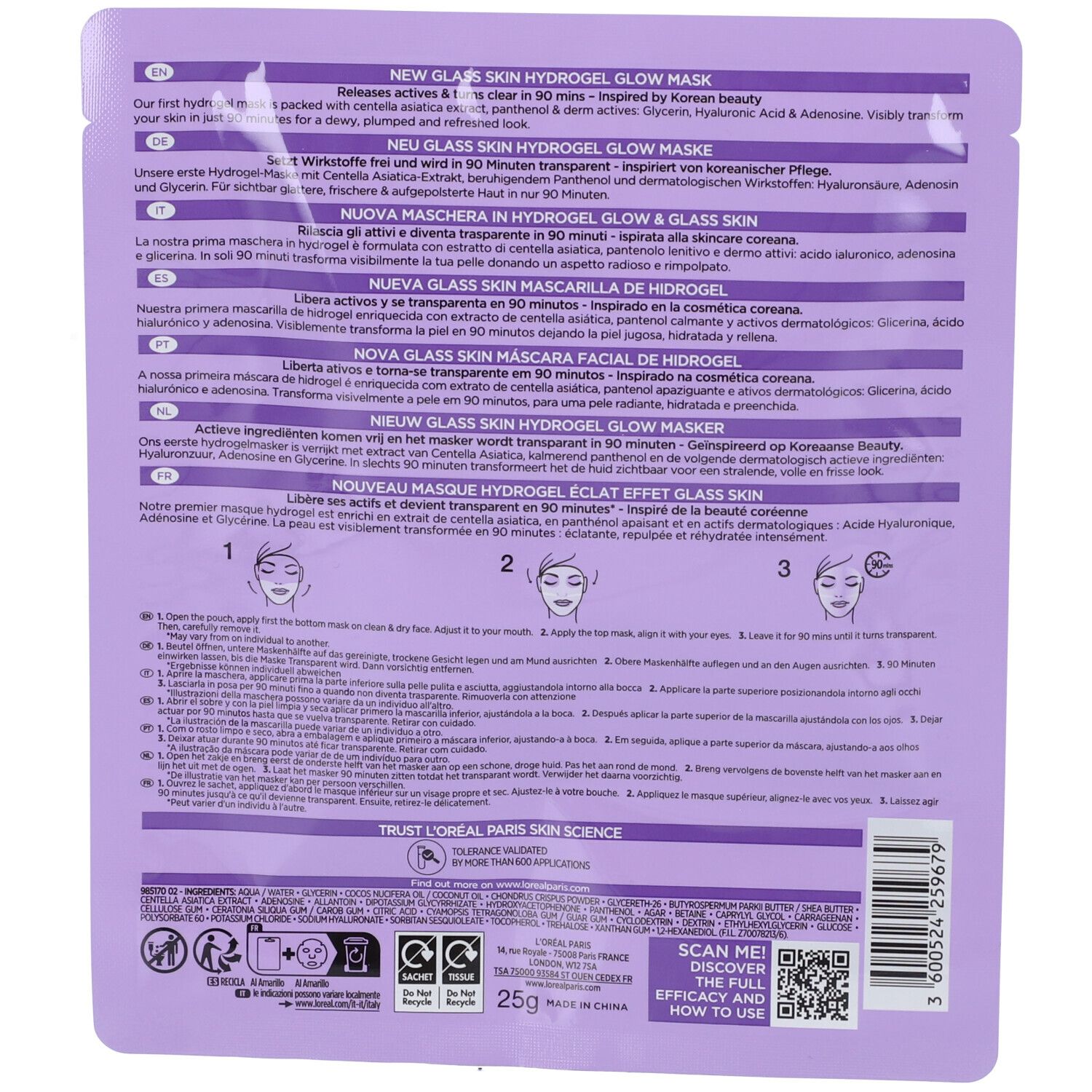 Retro della confezione viola. Testo: L'Oréal Paris, Glass Skin Hydrogel Glow Mask. Istruzioni e ingredienti.