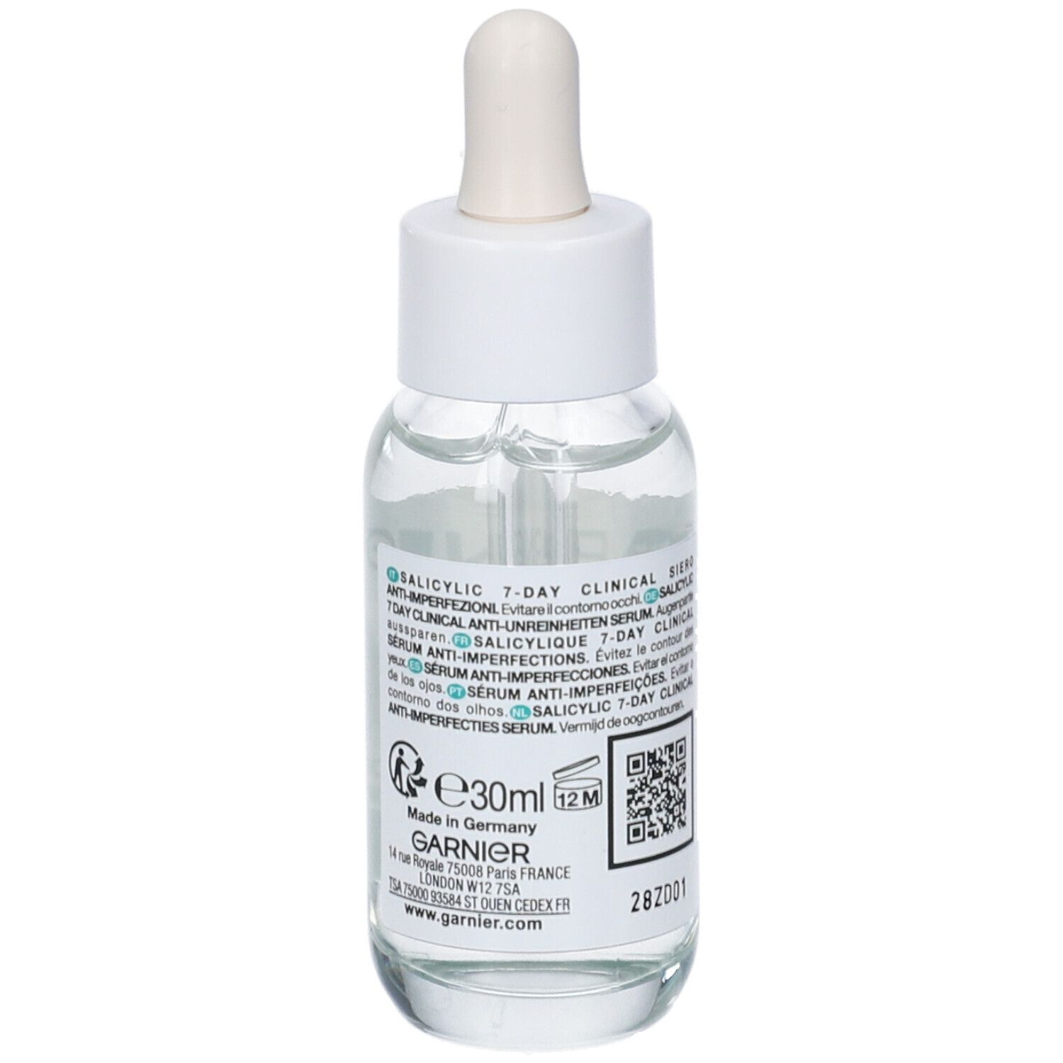Flacone di vetro trasparente con tappo e pipetta bianchi. Etichetta con logo Garnier, nome prodotto Salicylic e testo. Made in Germany.