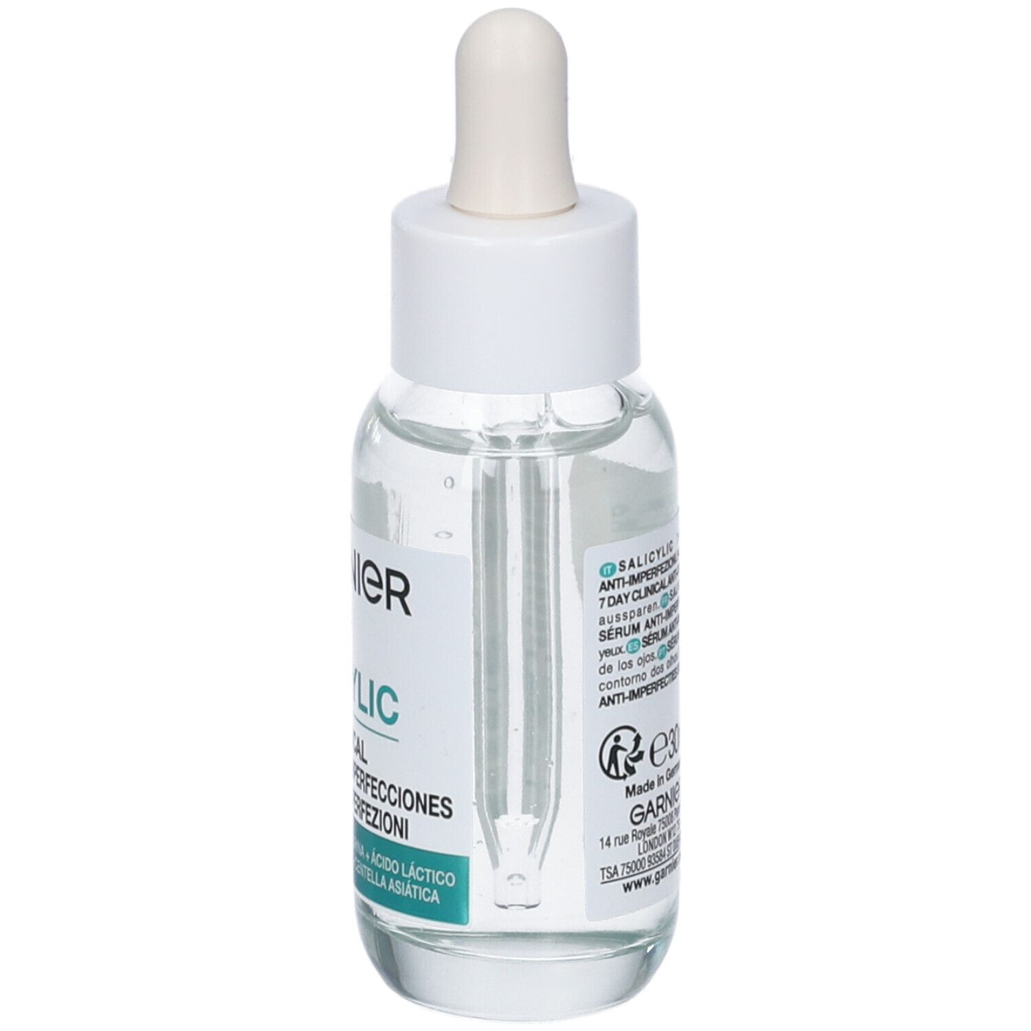 Flacone di vetro trasparente con tappo e pipetta bianchi. Etichetta con logo Garnier, nome prodotto Salicylic e testo multilingue.