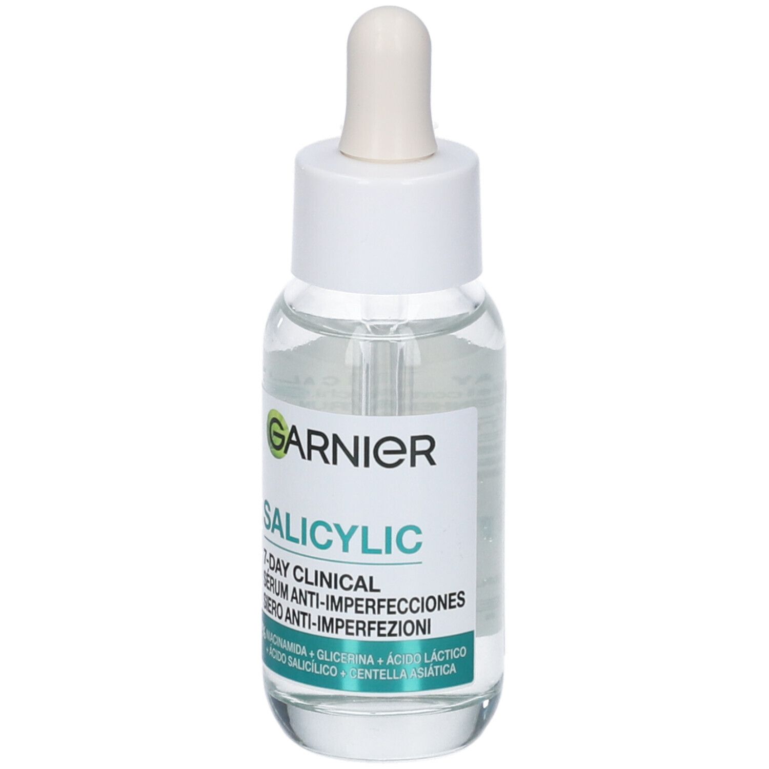 Flacone di vetro trasparente con tappo e pipetta bianchi. Etichetta con logo Garnier, nome prodotto Salicylic e testo multilingue.