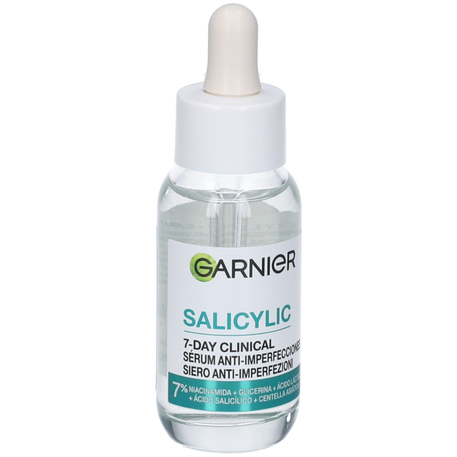 Flacone di vetro trasparente con tappo e pipetta bianchi. Etichetta con logo Garnier, nome prodotto Salicylic e testo multilingue.