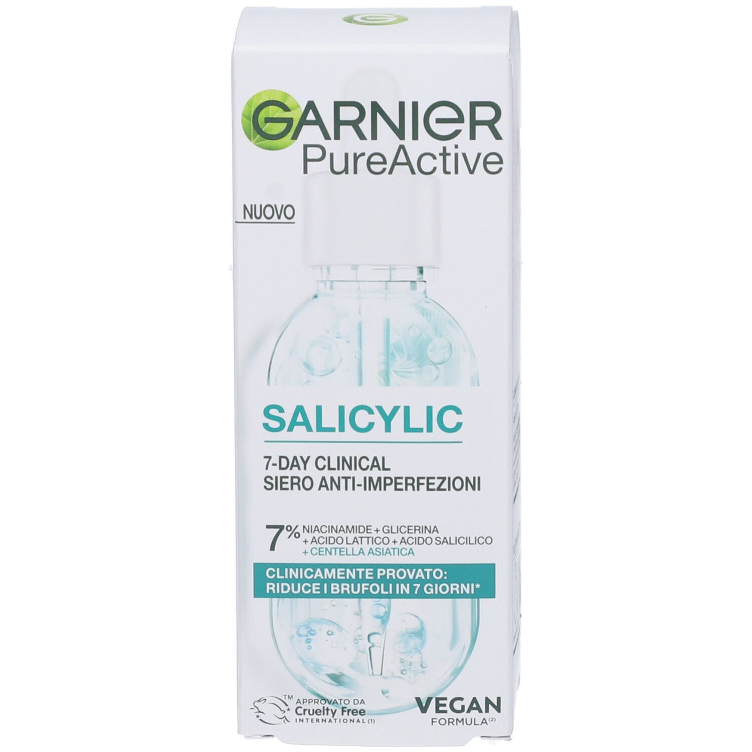 Confezione del prodotto con scatola. Scatola con logo Garnier, nome prodotto Salicylic e testo. Logo vegano.