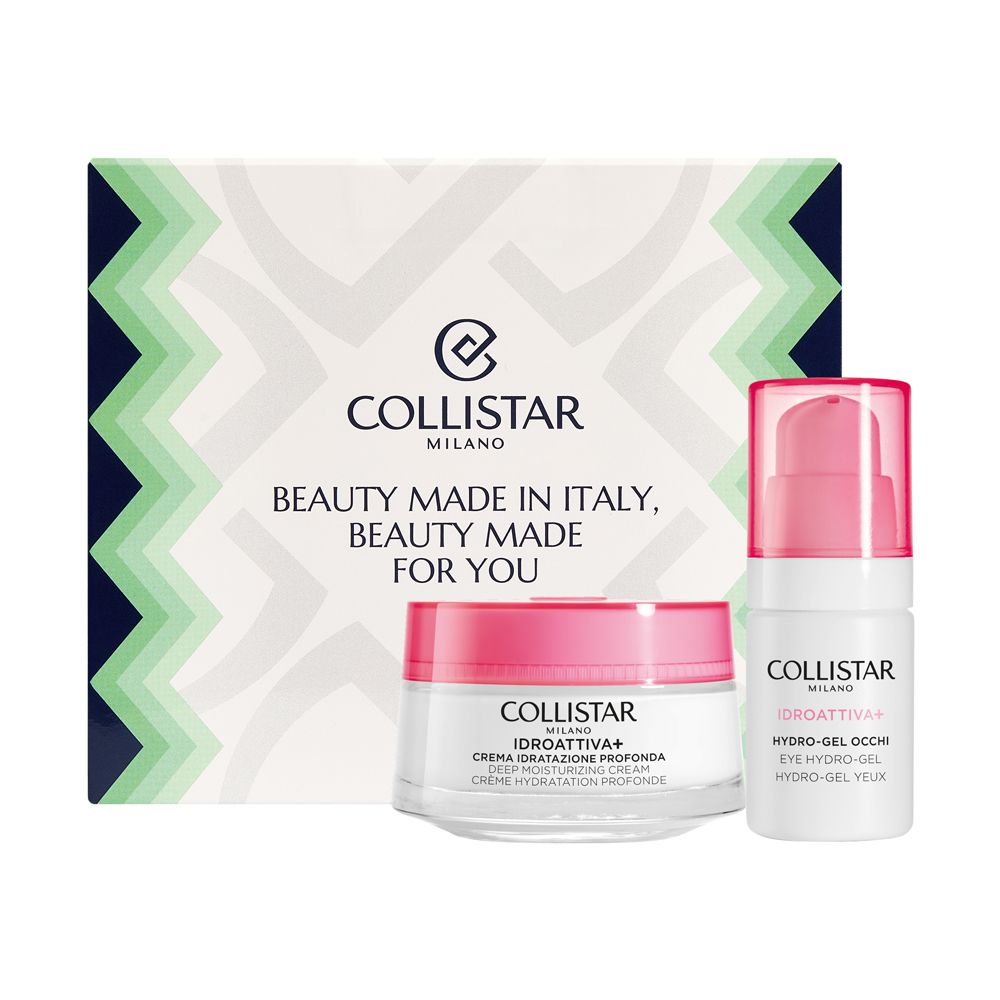 Set regalo Collistar con crema e gel occhi. Confezione con logo, scritta e 'Beauty made in Italy'.