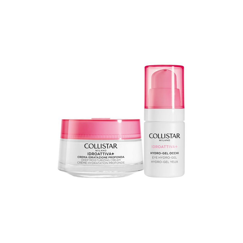 Due prodotti Collistar: crema e gel occhi. Coperchi rosa, vetro bianco. Scritta 'Idroattiva+' e 'Hydro-Gel Occhi'.