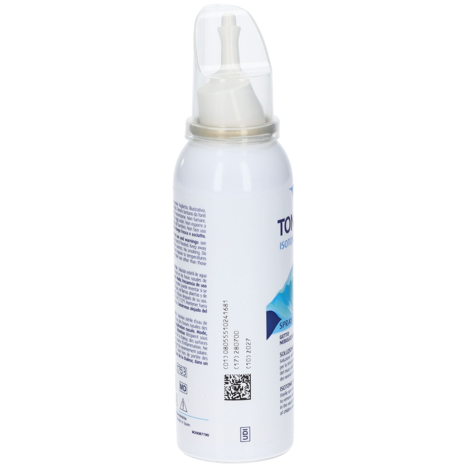 Flacone spray bianco con applicatore nasale. Testo e codice a barre sul retro. Etichetta con informazioni.