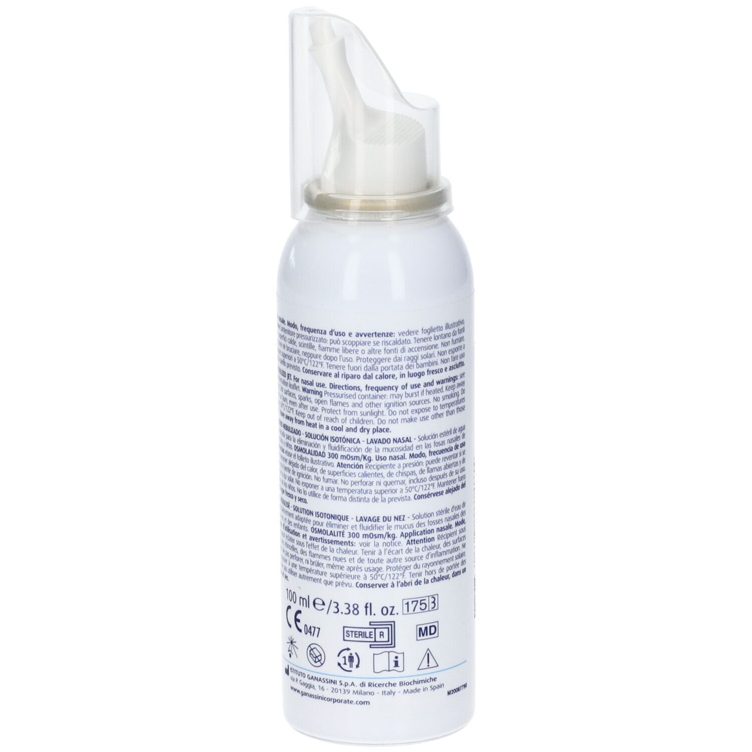 Flacone spray bianco con applicatore nasale. Retro con testo. Informazioni in diverse lingue.