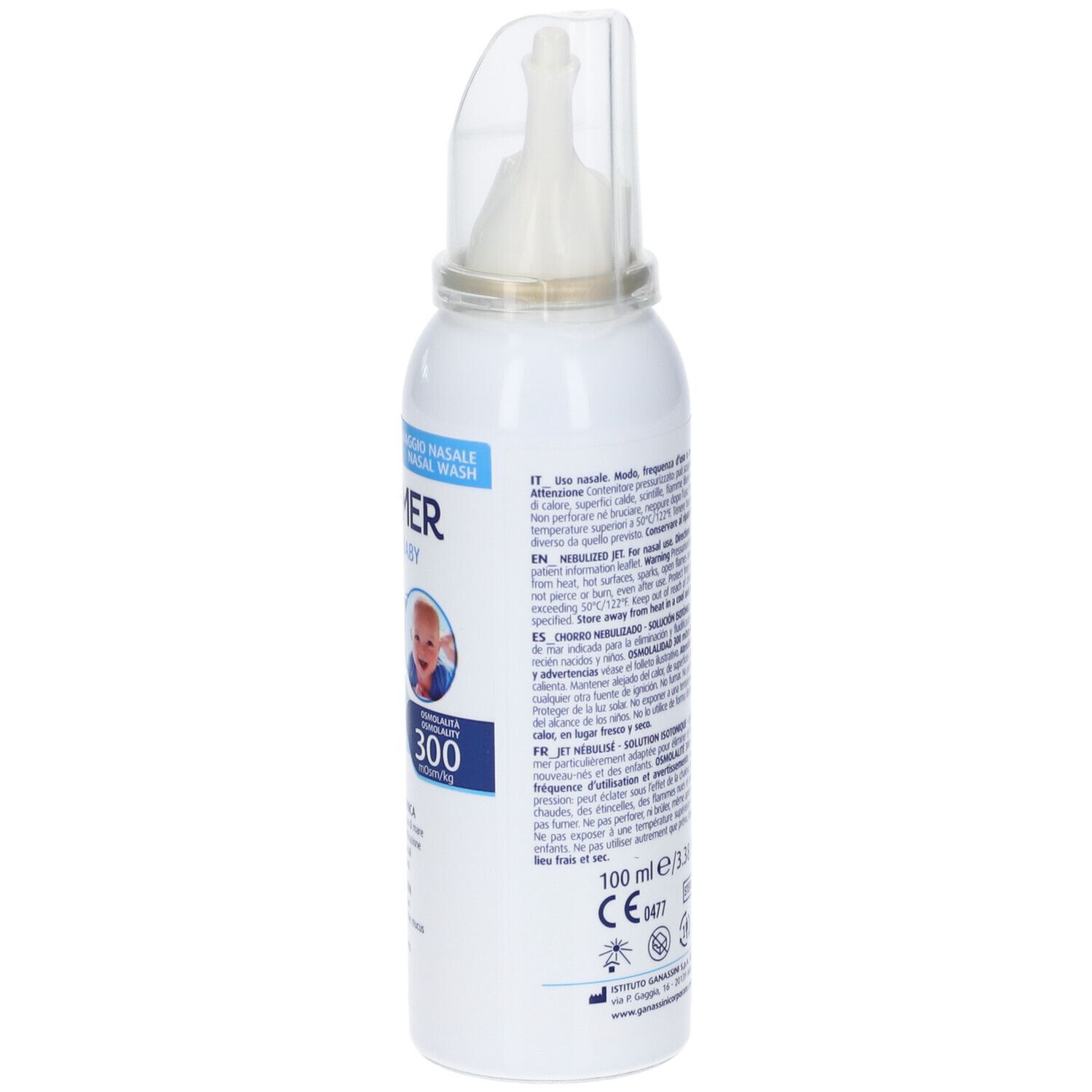 Flacone spray bianco con applicatore nasale. Testo sul retro. Informazioni in diverse lingue.