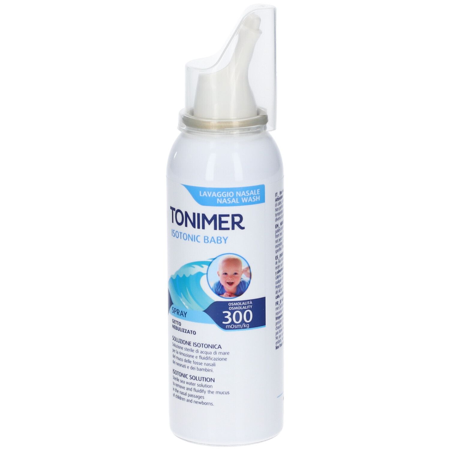 Flacone spray bianco con applicatore nasale. Scritta blu: Tonimer Isotonic Baby. Illustrazione di un bambino.