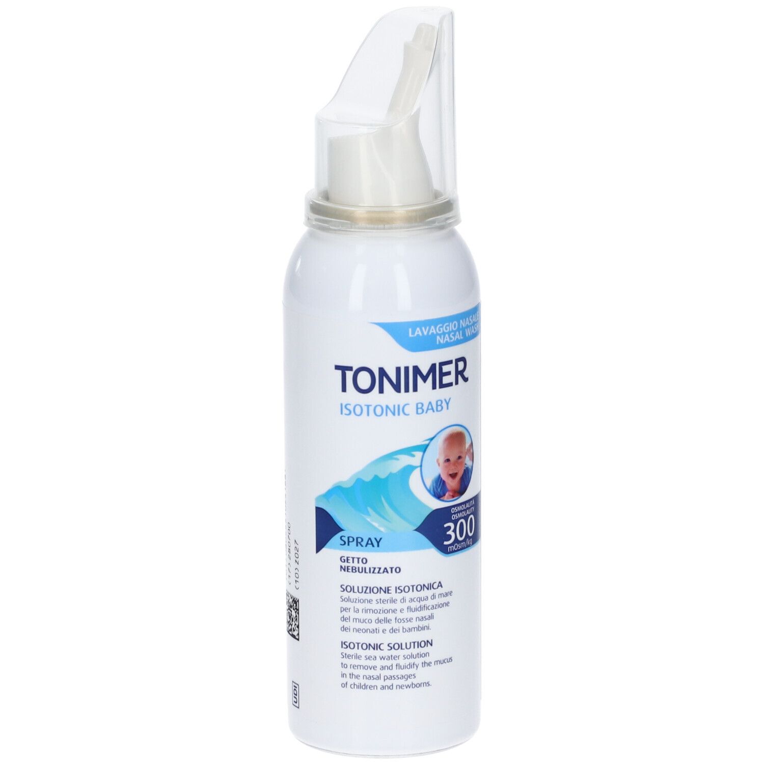 Flacone spray bianco con applicatore nasale. Scritta blu: Tonimer Isotonic Baby. Illustrazione di un bambino.