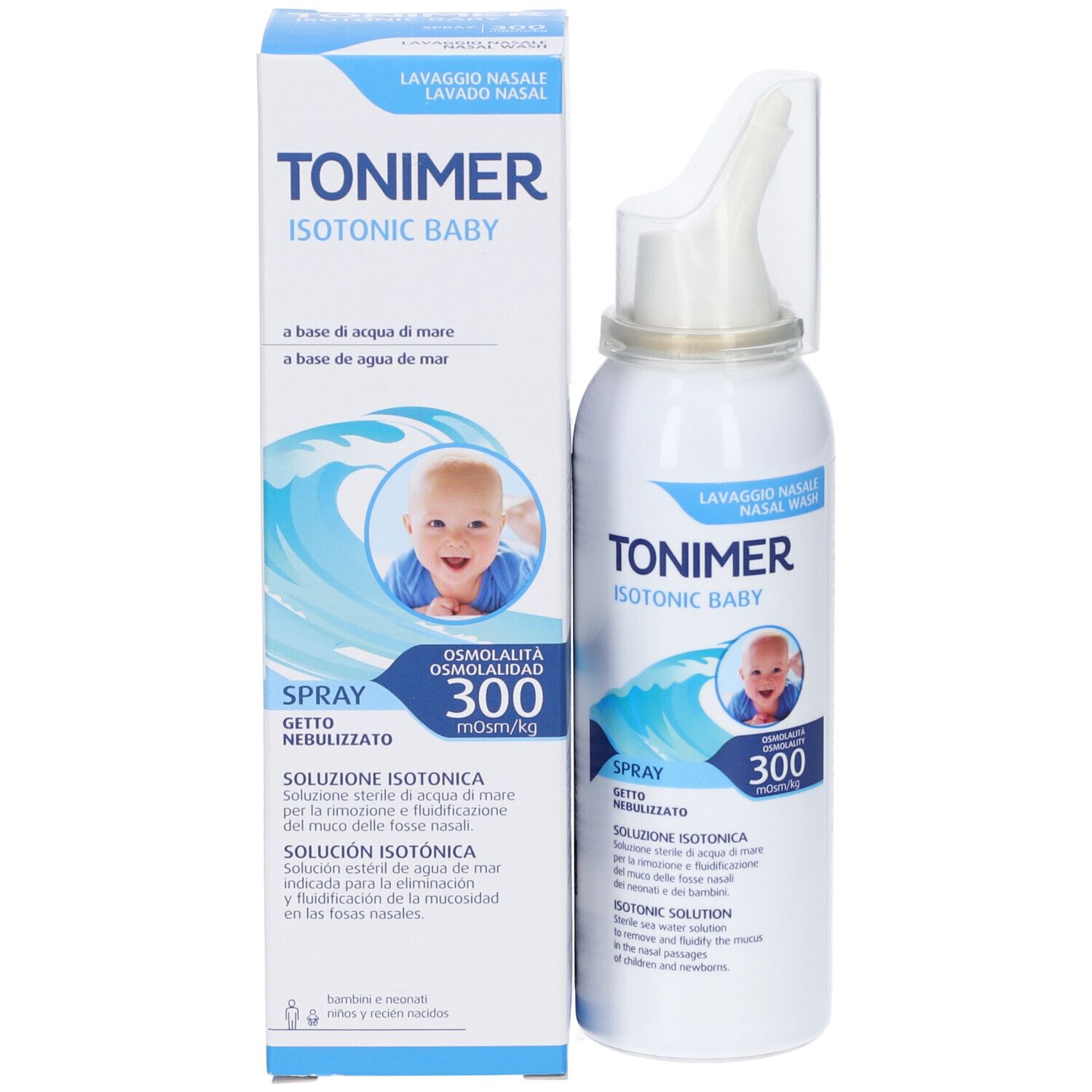 Confezione e flacone spray. Confezione blu con testo: Tonimer Isotonic Baby. Illustrazione di un bambino.