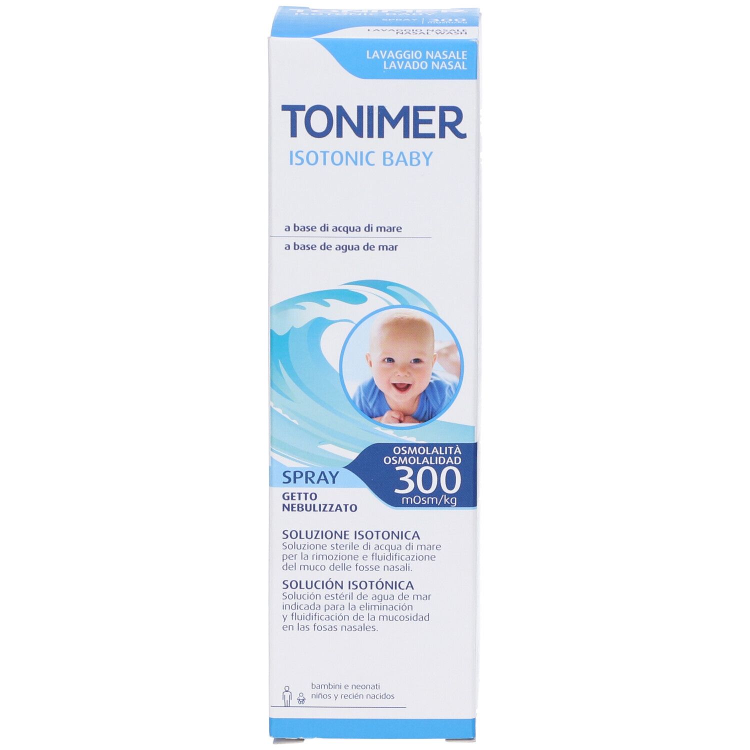 Confezione prodotto blu. Testo: Tonimer Isotonic Baby. Illustrazione di un bambino. Informazioni e testo.
