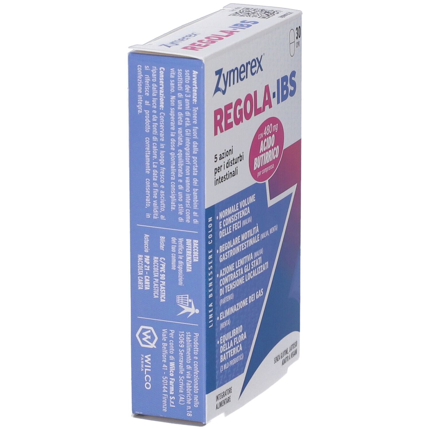 Retro della confezione ZYMEREX REGOLA-IBS 30 CPR. Contiene informazioni su composizione e uso.