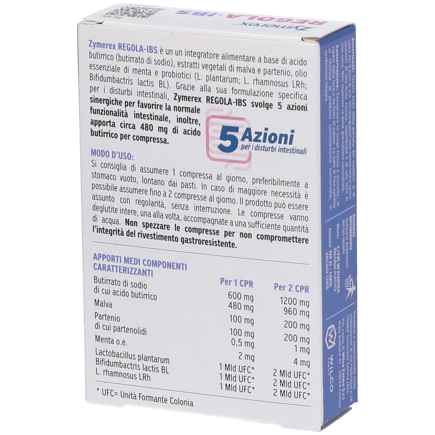 Vista laterale della confezione ZYMEREX REGOLA-IBS. Dettagli su ingredienti e 5 azioni per disturbi intestinali.