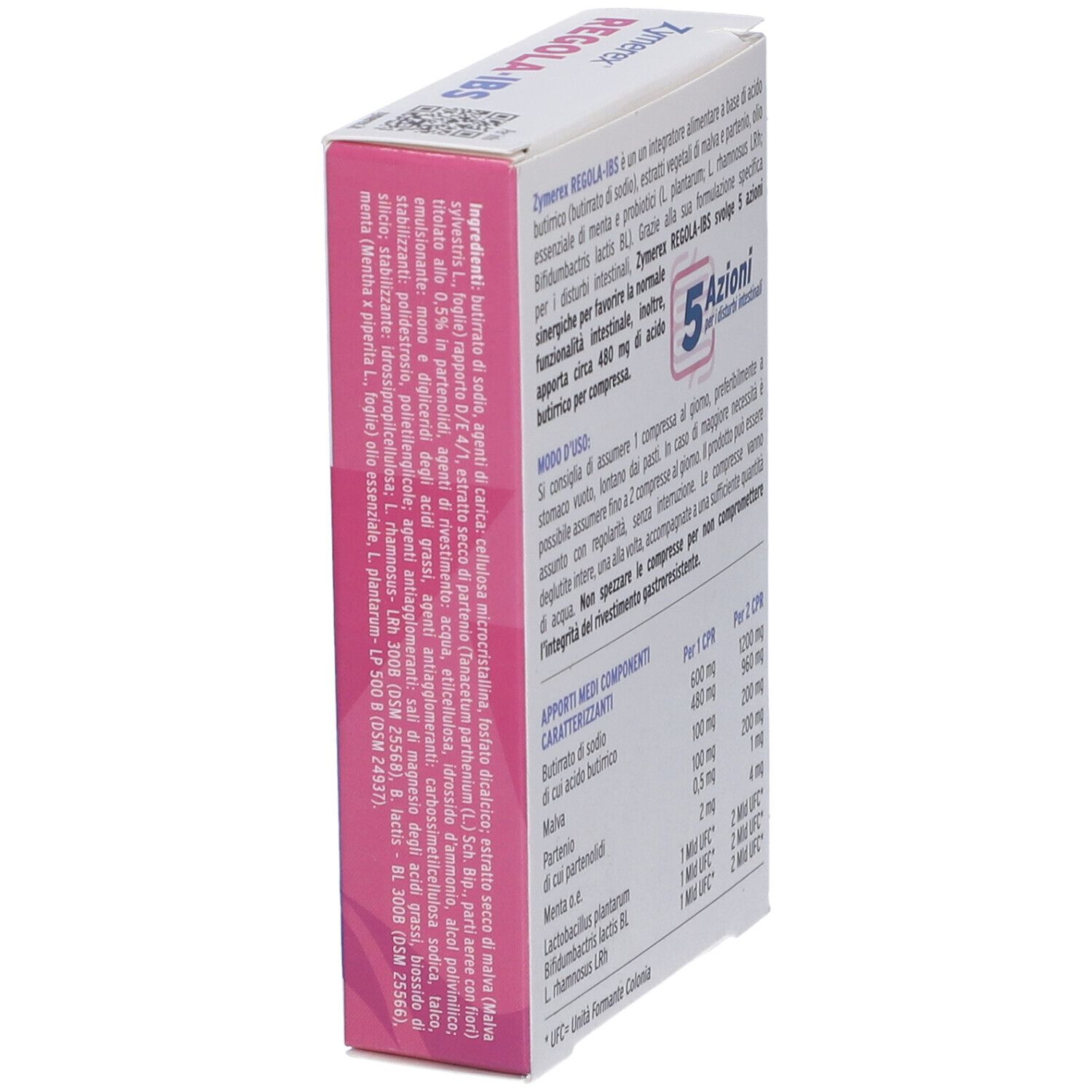 Altra vista laterale della confezione ZYMEREX REGOLA-IBS. Contiene dettagli su ingredienti e istruzioni d'uso.