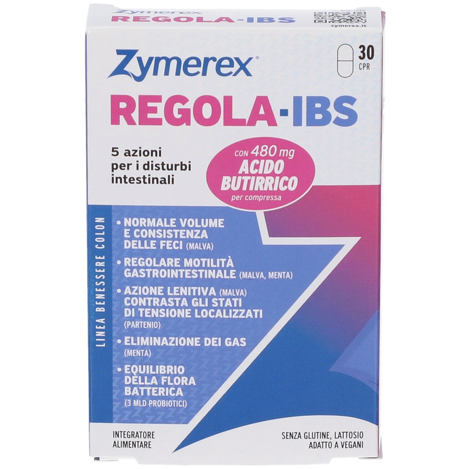 Confezione ZYMEREX REGOLA-IBS 30 CPR. Descrive 5 azioni per disturbi intestinali, inclusa acido butirrico.