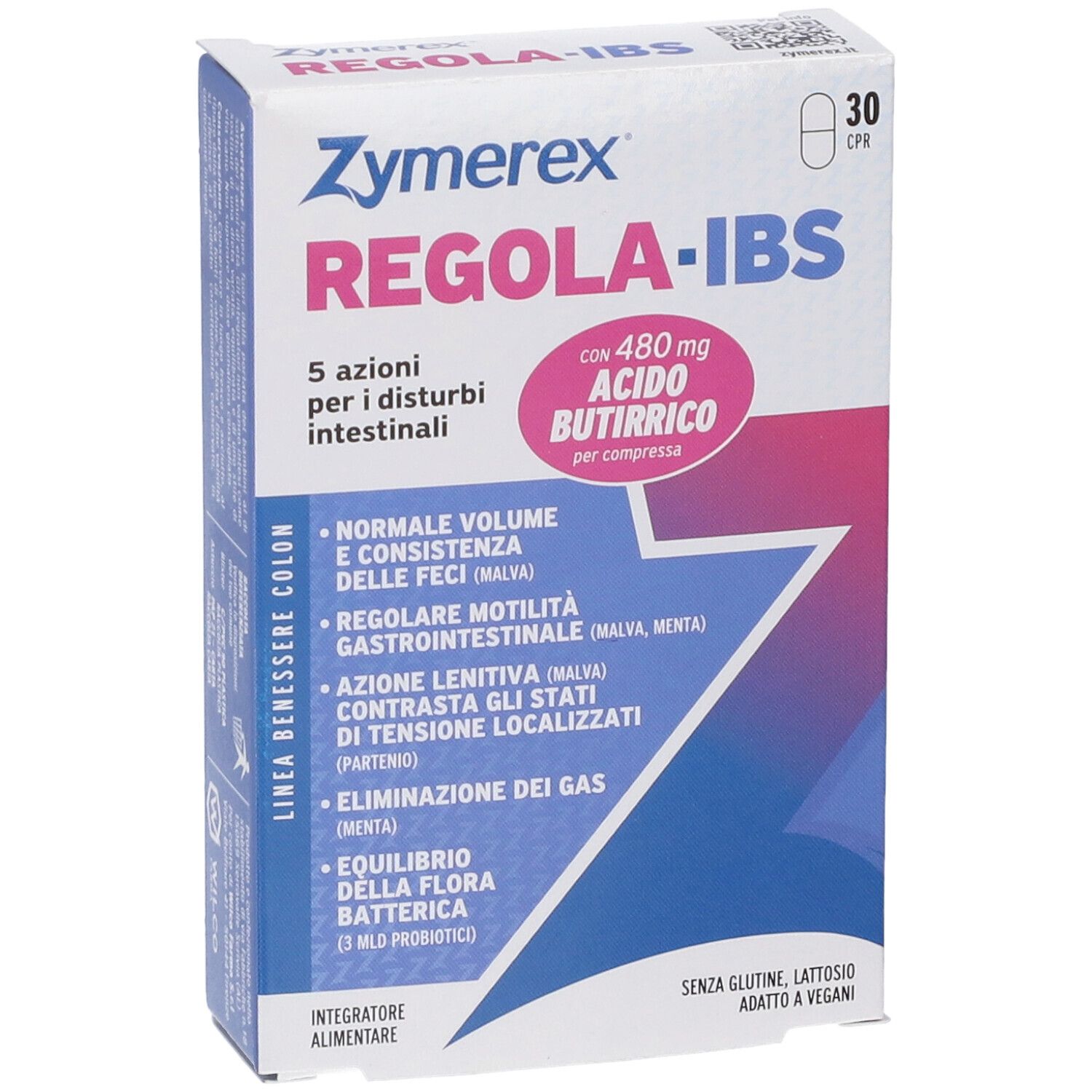 Fronte della confezione ZYMEREX REGOLA-IBS. Mostra 30 CPR e 5 azioni per disturbi intestinali.