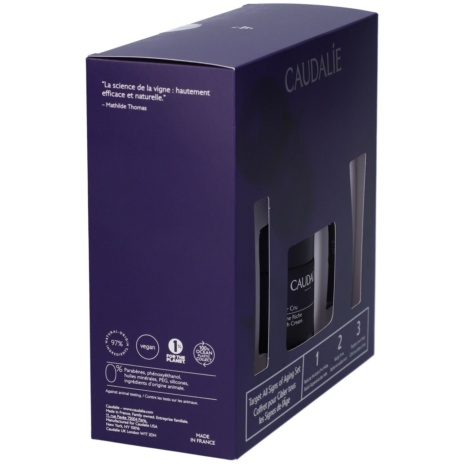 Scatola Caudalie Premier Cru. Scatola viola con testo e loghi. Sigillo vegano e 'Made in France'.