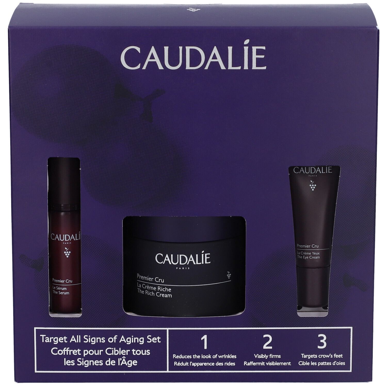 Caudalie Spring Set Premier Cru. Scatola con siero, crema e crema occhi. Confezione nera.