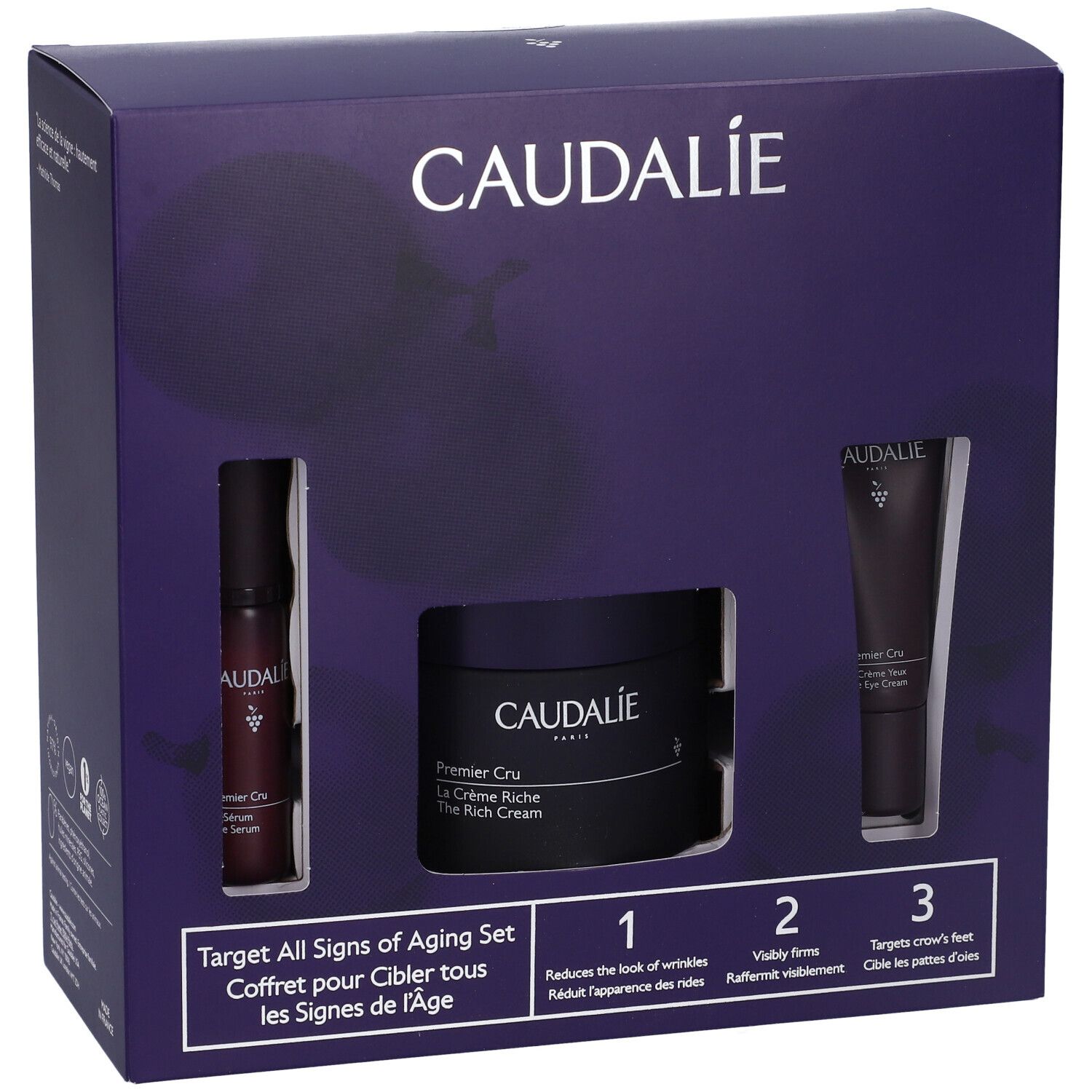 Caudalie Spring Set Premier Cru. Scatola con siero, crema e crema occhi. Confezione nera.