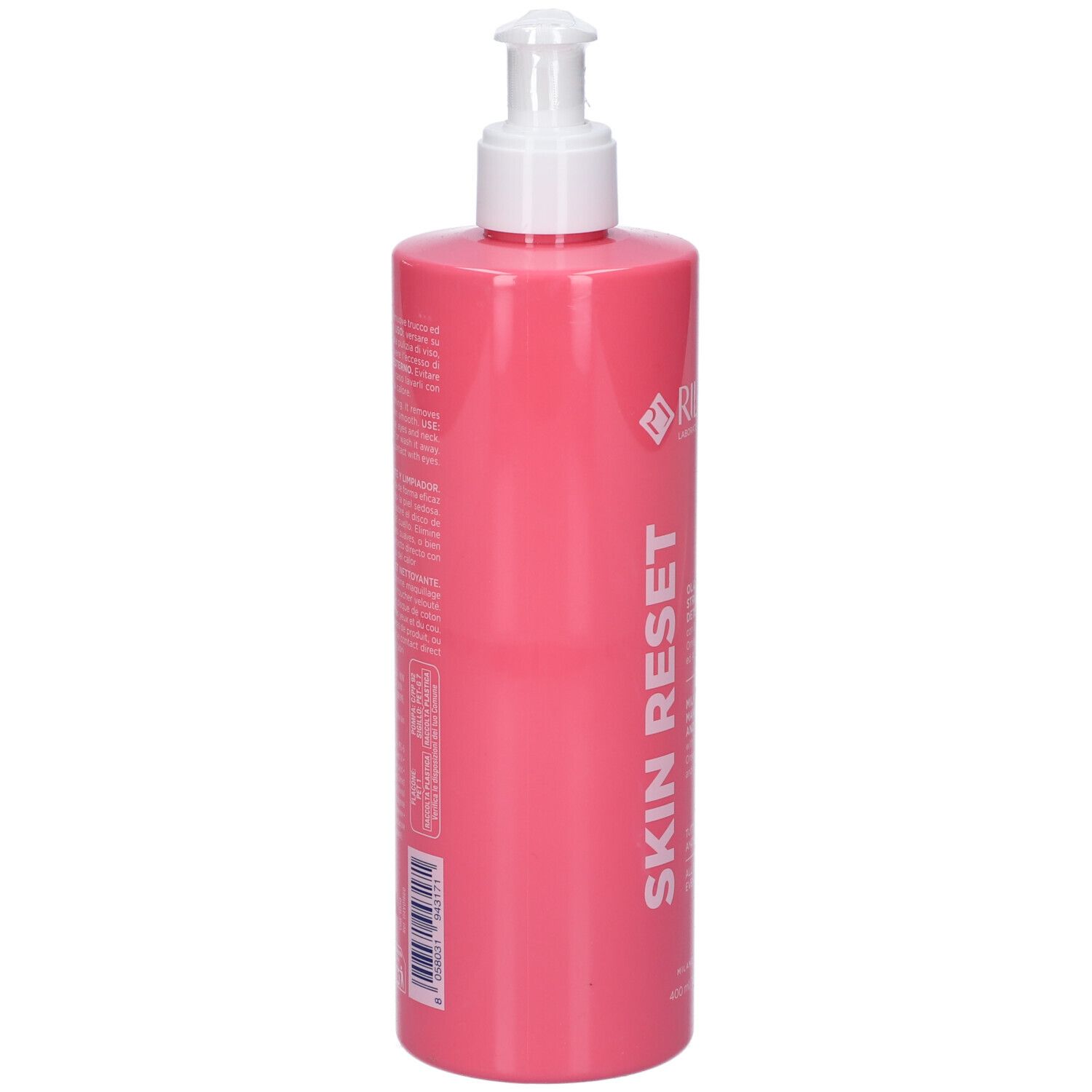 Flacone rosa con dosatore bianco. Testo e codice a barre sul retro. Scritta SKIN RESET.