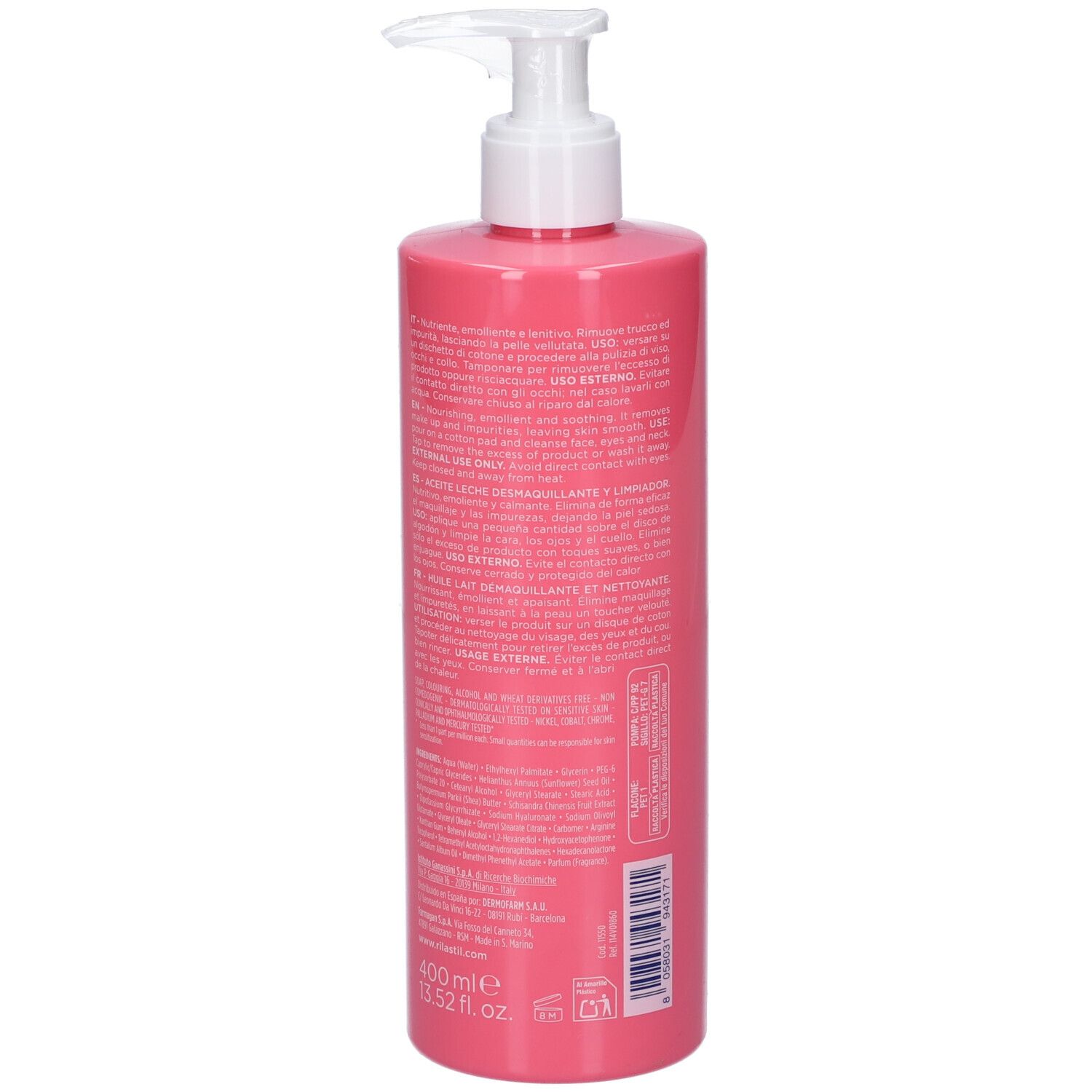 Flacone rosa con dosatore bianco. Retro con testo. Scritta SKIN RESET e 400 ml.