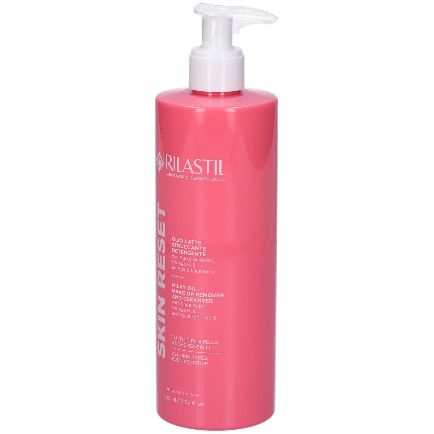 Flacone rosa con dosatore bianco. Scritta SKIN RESET e RILASTIL. Testo: Milky Oil Make Up Remover and Cleanser.