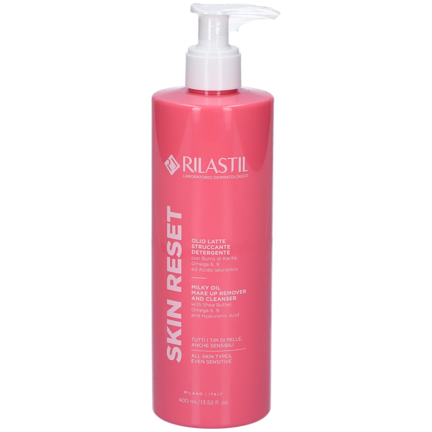 Flacone rosa con dosatore bianco. Scritta SKIN RESET e RILASTIL. Testo: Milky Oil Make Up Remover and Cleanser.