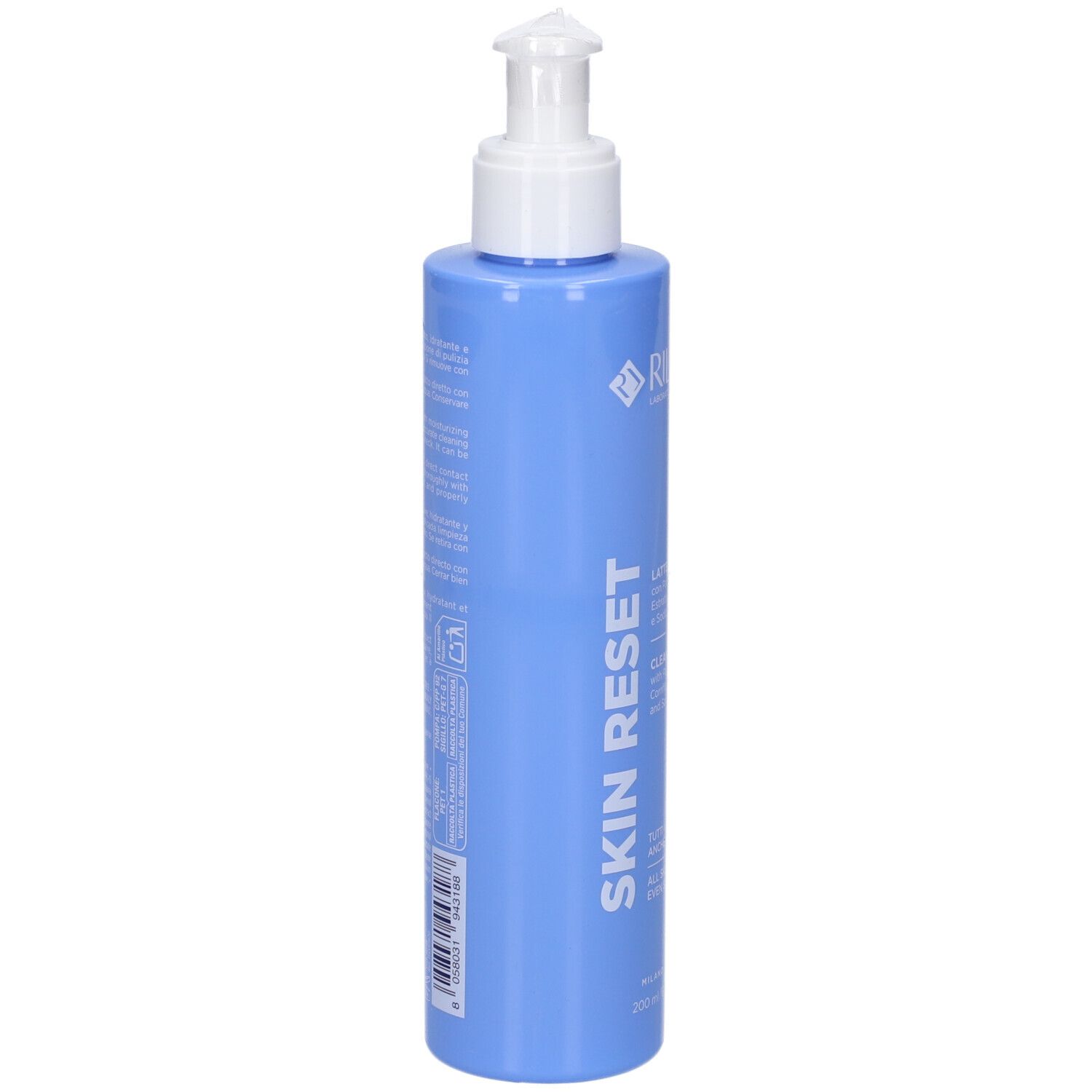 Flacone azzurro con dosatore bianco. Scritta SKIN RESET. Testo in italiano e inglese.