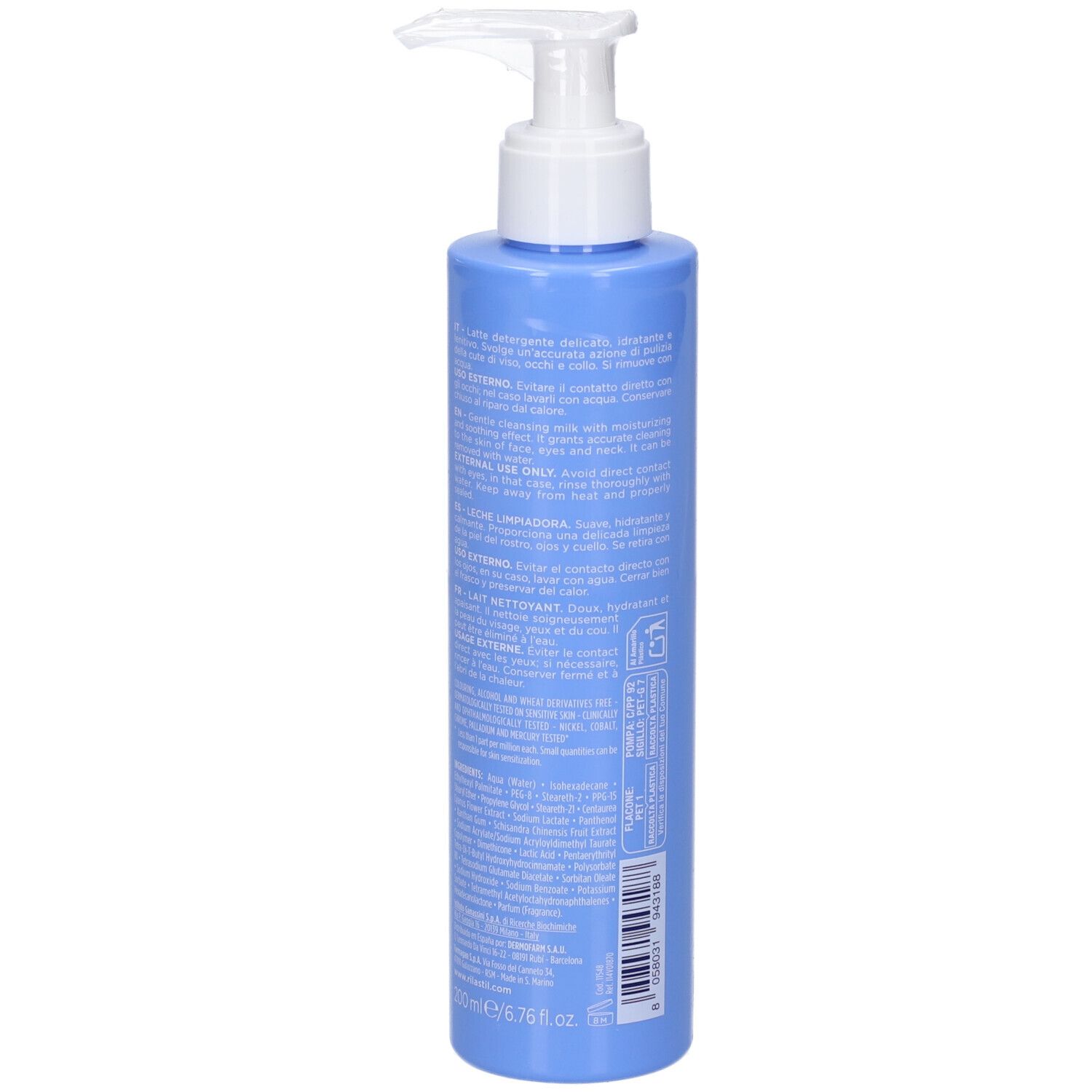 Flacone azzurro con dosatore bianco. Testo in italiano e inglese. Scritta SKIN RESET.