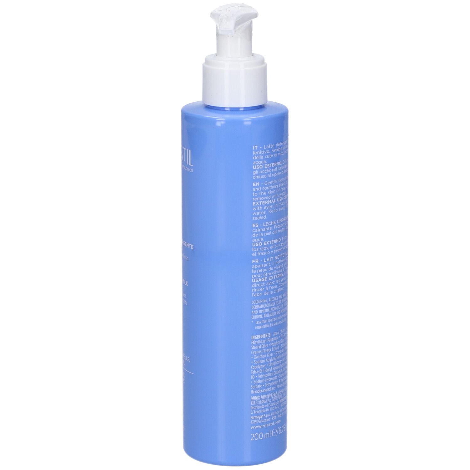 Flacone azzurro con dosatore bianco. Testo in italiano e inglese. Scritta SKIN RESET.