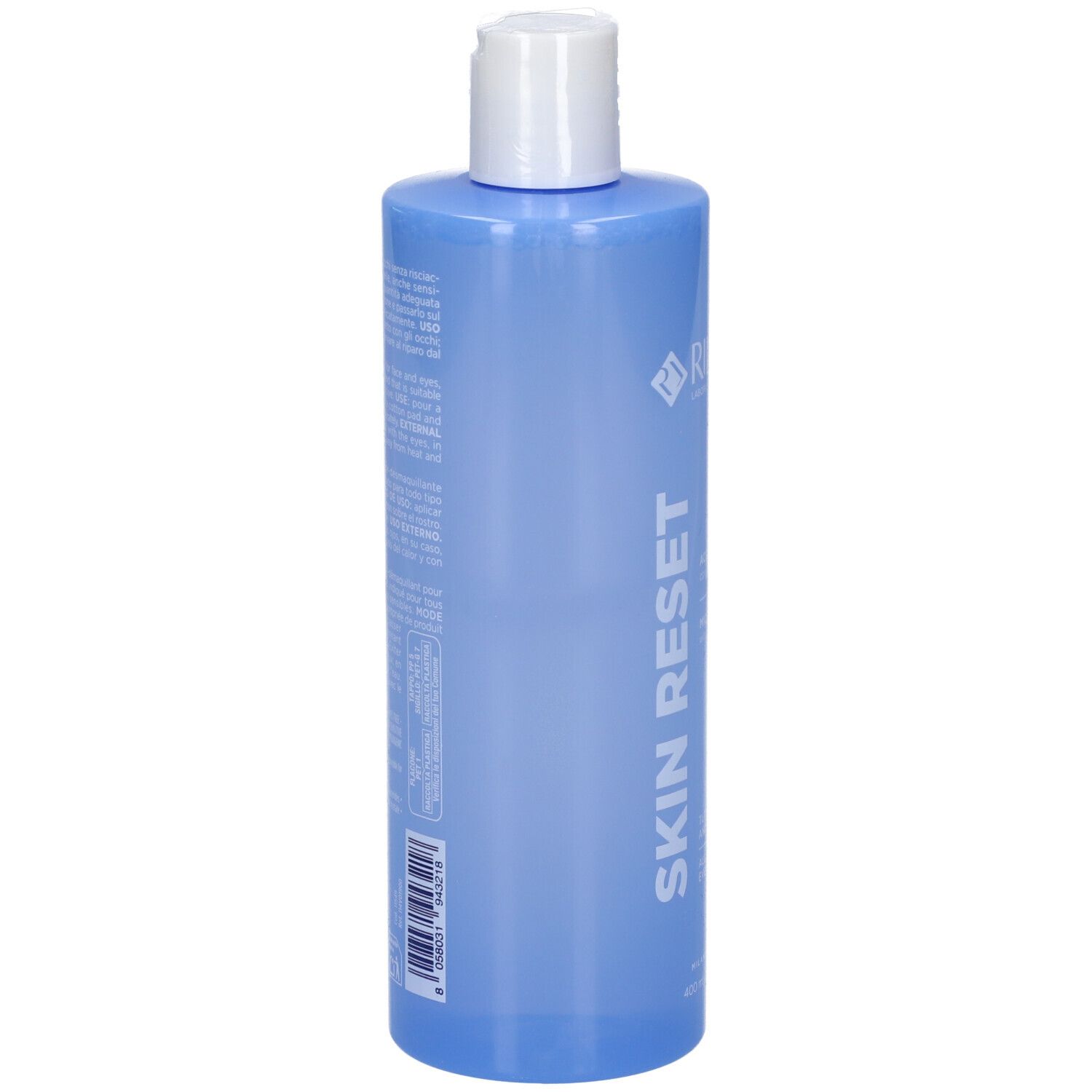 Flacone blu con tappo bianco. Testo sul retro. Scritta SKIN RESET. Rilastil Laboratori Dermatologici.