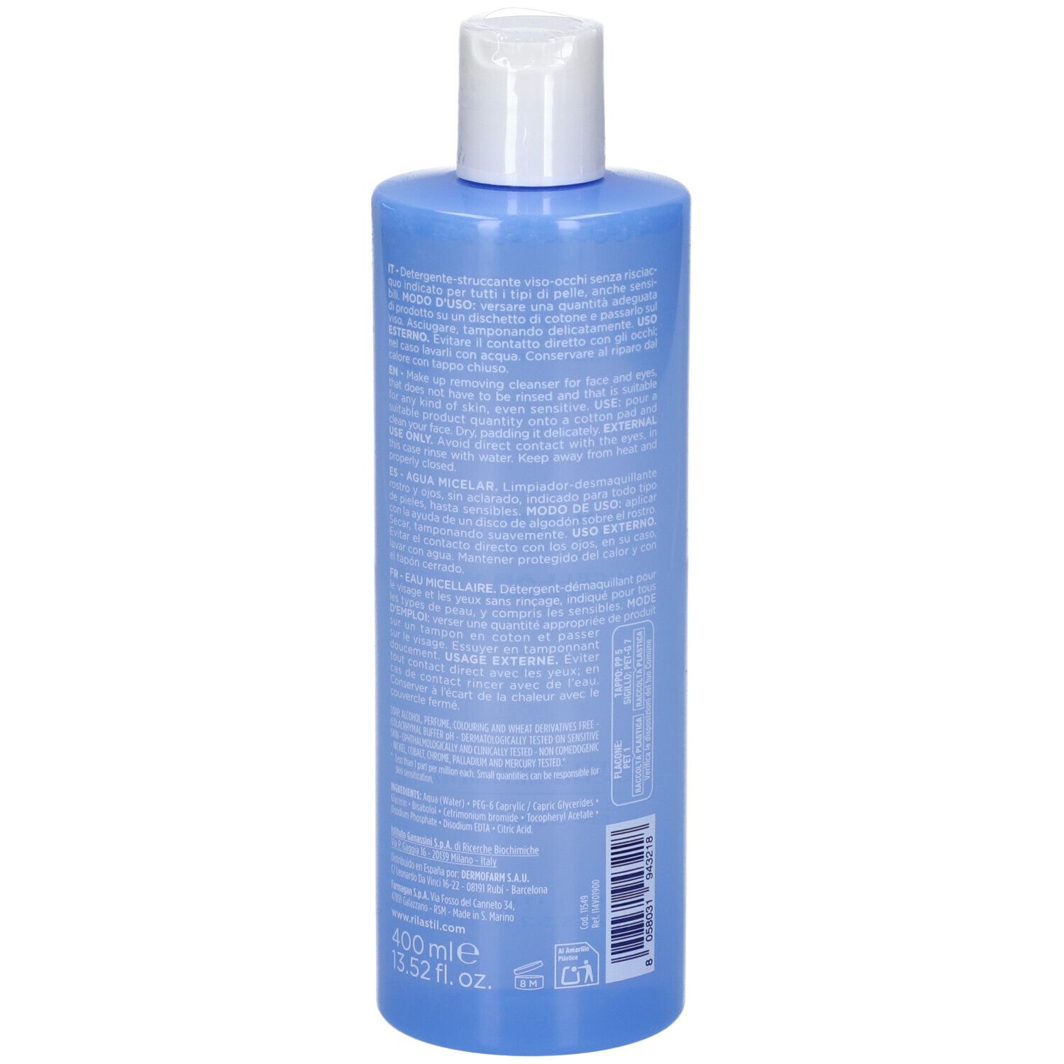 Flacone blu con tappo bianco. Testo sul retro. Scritta SKIN RESET. Rilastil Laboratori Dermatologici.