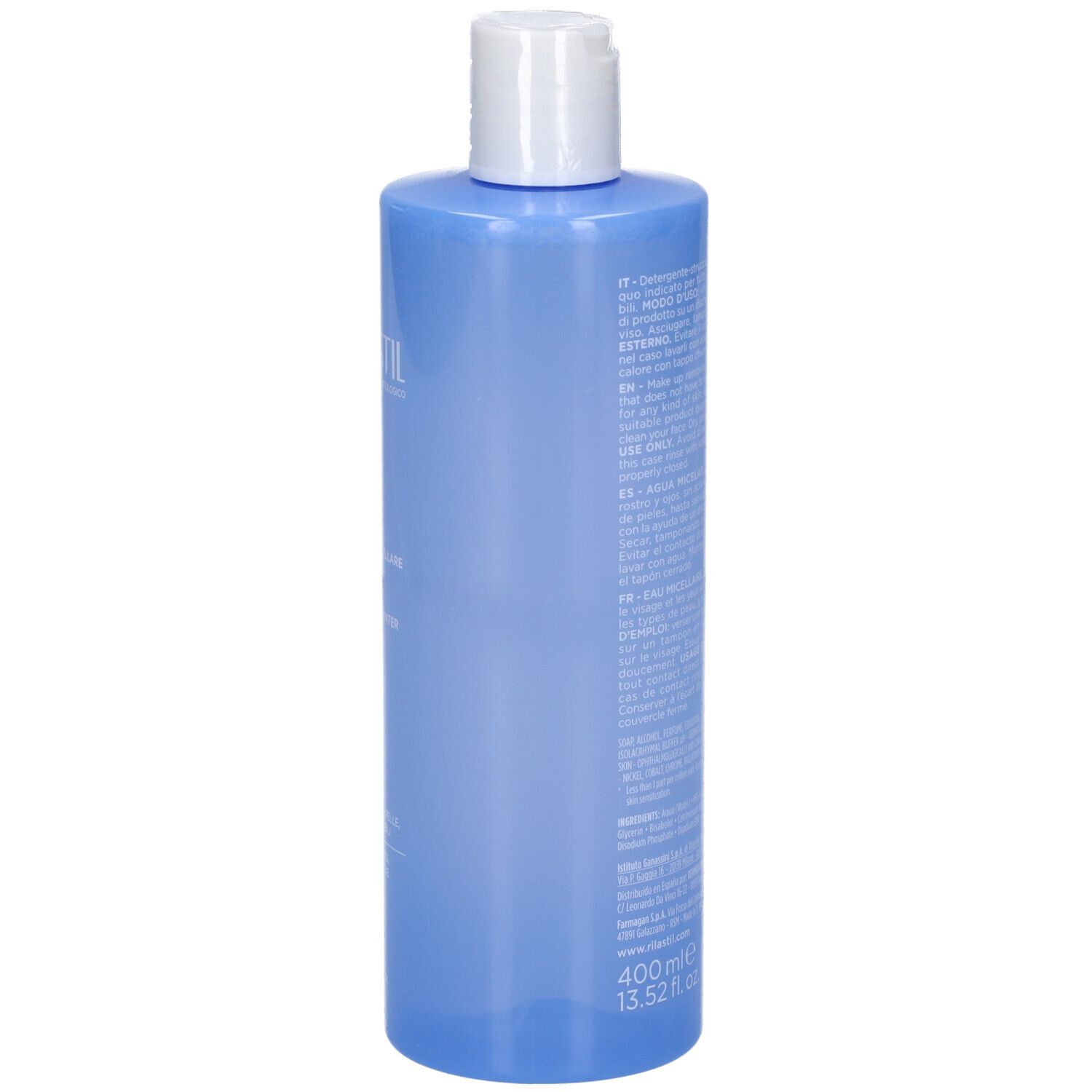 Flacone blu con tappo bianco. Testo sul retro. Scritta SKIN RESET. Rilastil Laboratori Dermatologici.