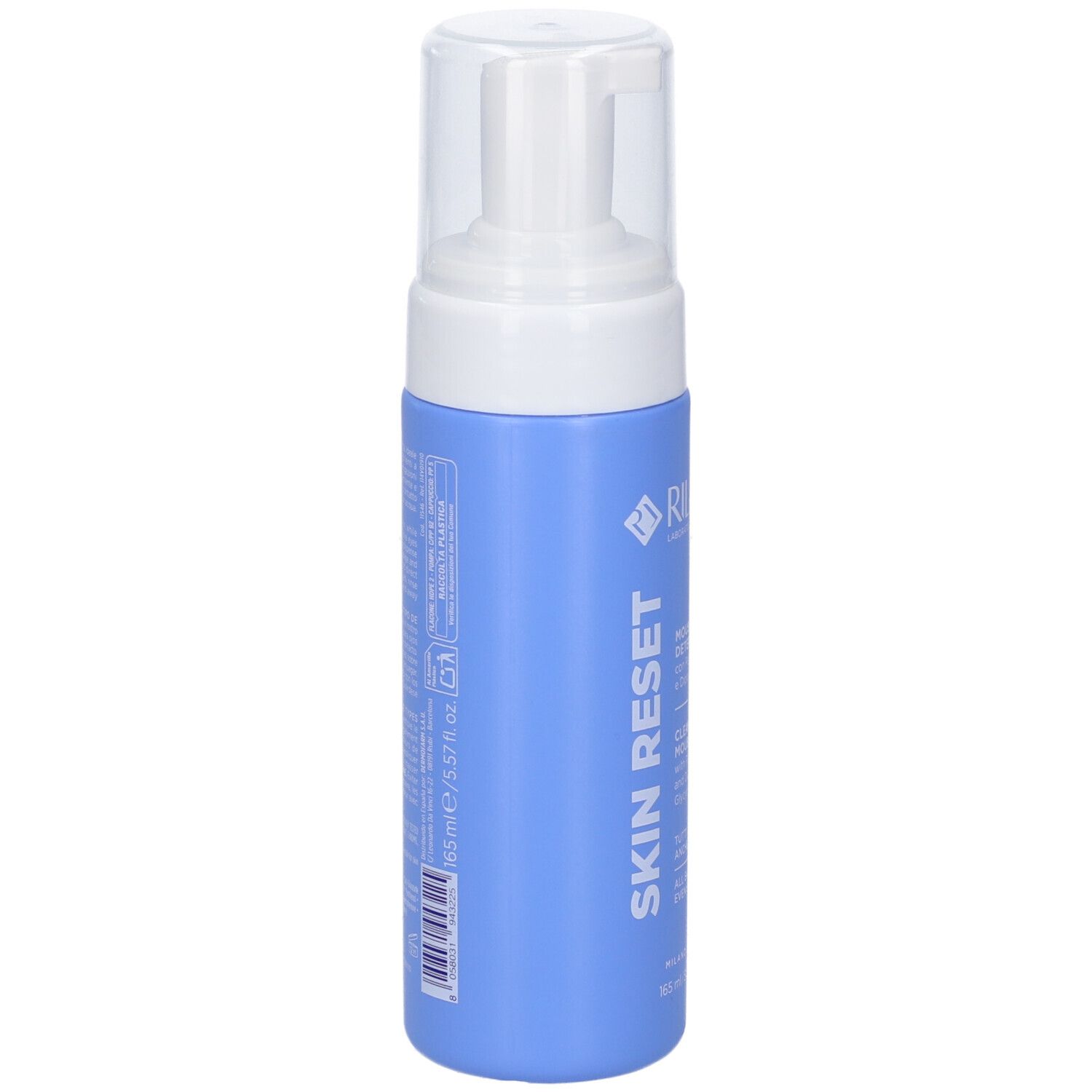Flacone blu con erogatore bianco. Scritta: Skin Reset. Testo e codice a barre sul retro.